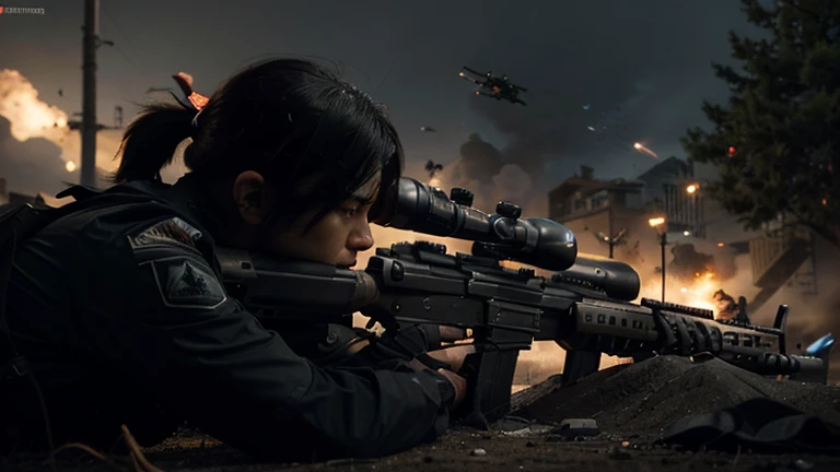 A close-up view of a player shooting at a group of enemies. The enemies are wearing black uniforms and carrying assault rifles. The player is using a sniper rifle and is taking careful aim. The bullets fly through the air, and the enemies fall to the ground.