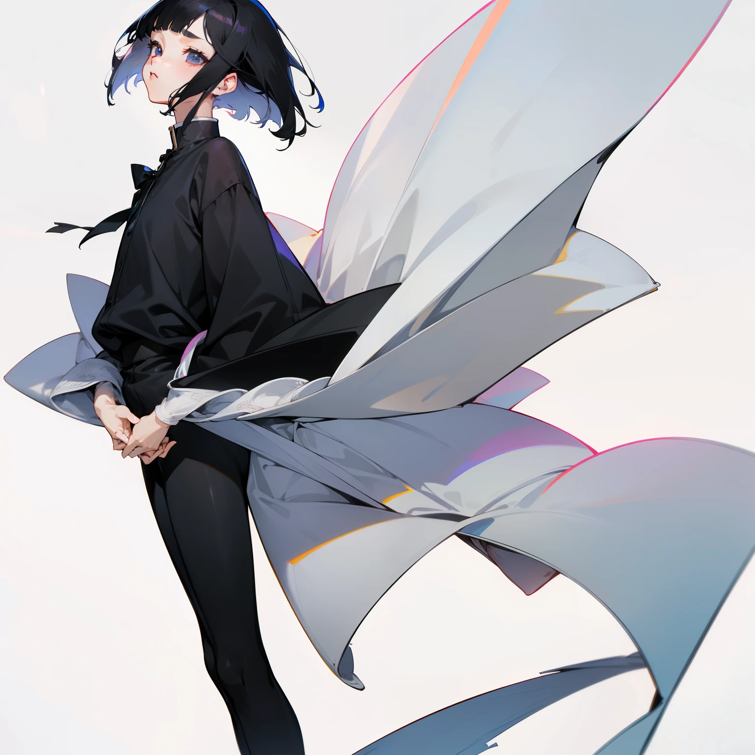 one man、gray eyes、black haired、Upbank、male focus、lowered eyebrows、big lips、beautiful hands、Clean hands、thin、young、simple background、straight hands、right angle、Slender dark room Are standing Her bangs are long and her eyes are slightly hidden short hair sad