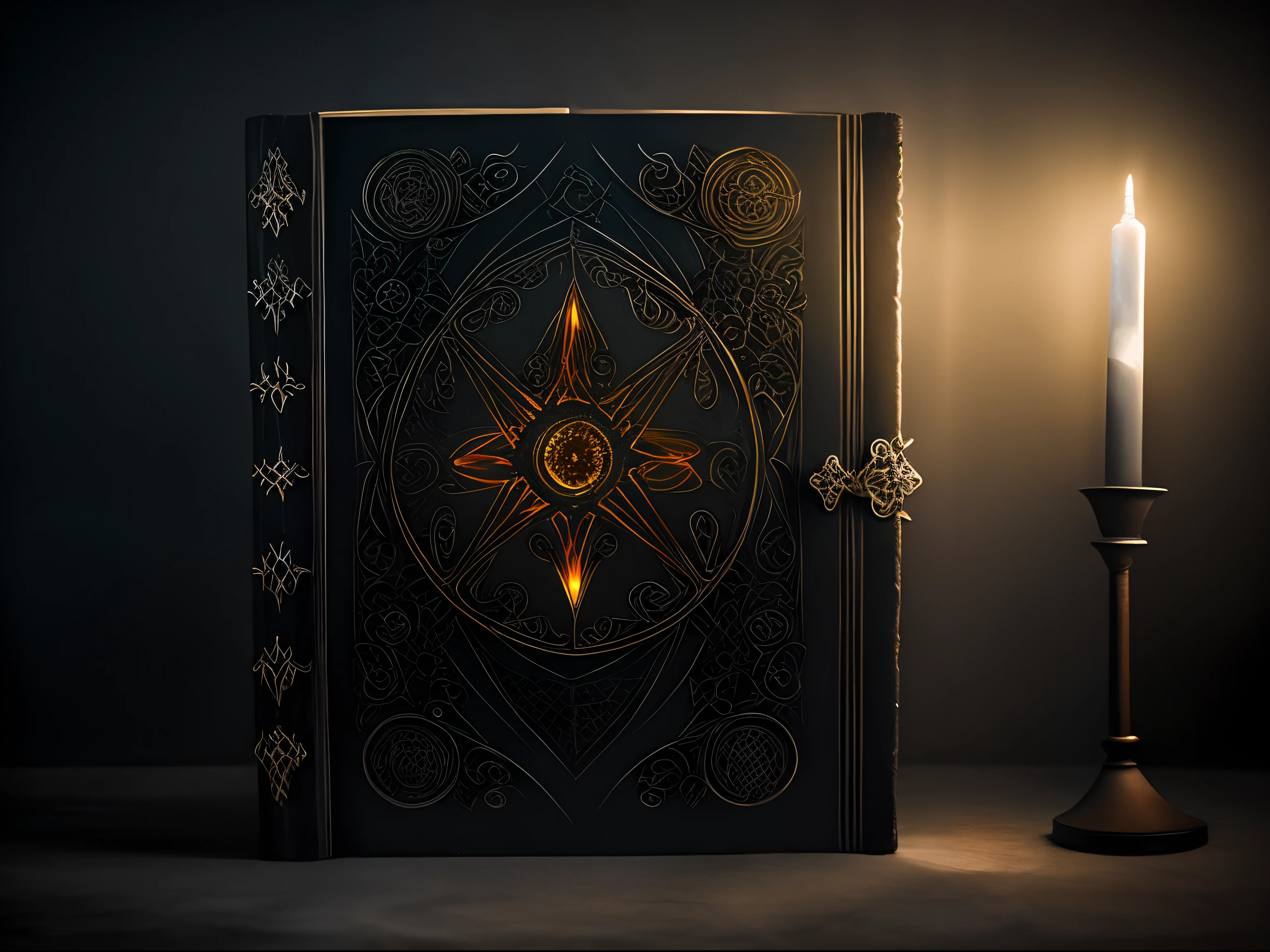 Antique gothic open grimoire suspended in magnetic fields of charcoal and amber, Gothic style bioluminescent, com halos de energia escura, estilo cru, ethereal haze.