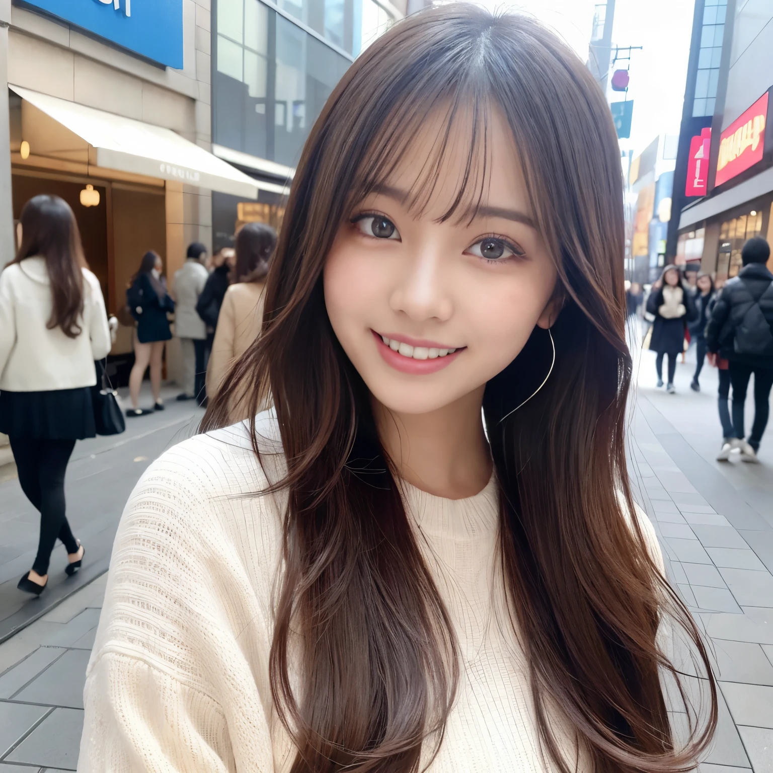 table top, highest quality, shape, Super detailed, finely, High resolution, 8k wallpaper, 完璧なダイナミックな構shape, beautiful and detailed eyes, Women's fashion in winter,wavy hair、natural color lip, bold sexy pose、the biggest smile when you look at me、the most beautiful white teeth、Harajuku、20 year old girl、cute、sexy shot looking at camera、(upper body photo:1.1)、(accurate anatomy:1.1)、(blurred background、girl portrait photo)