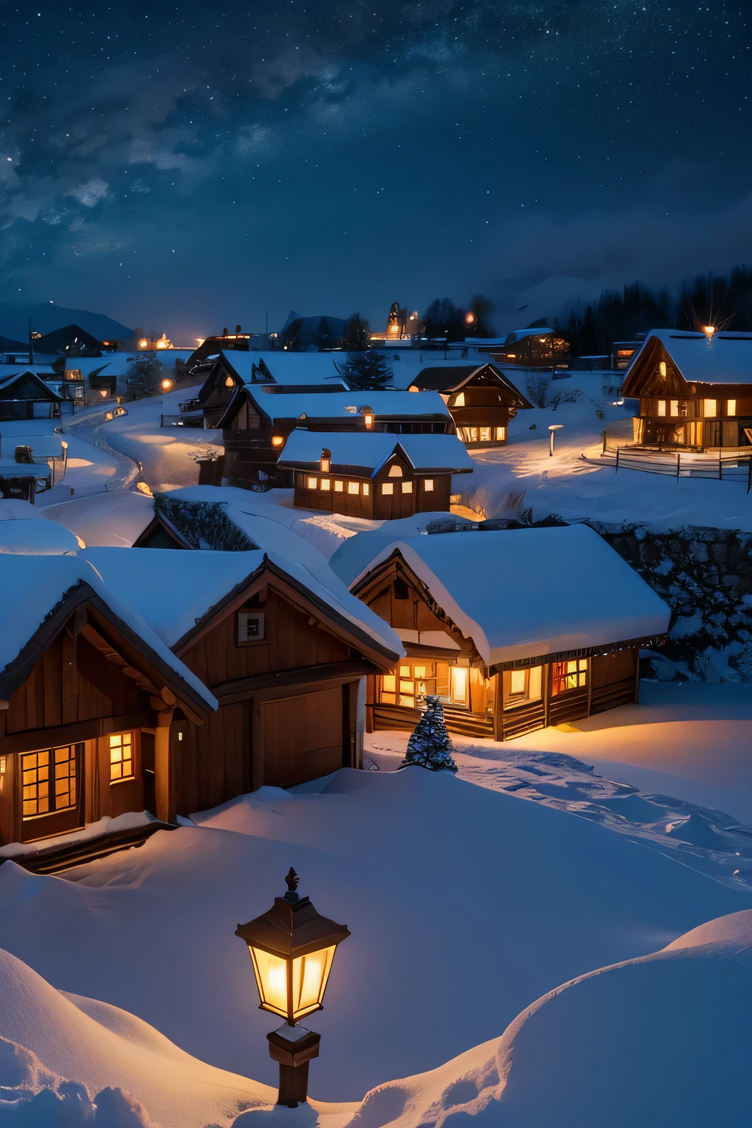 Wooden village with warm lights and heavy snow in winter
