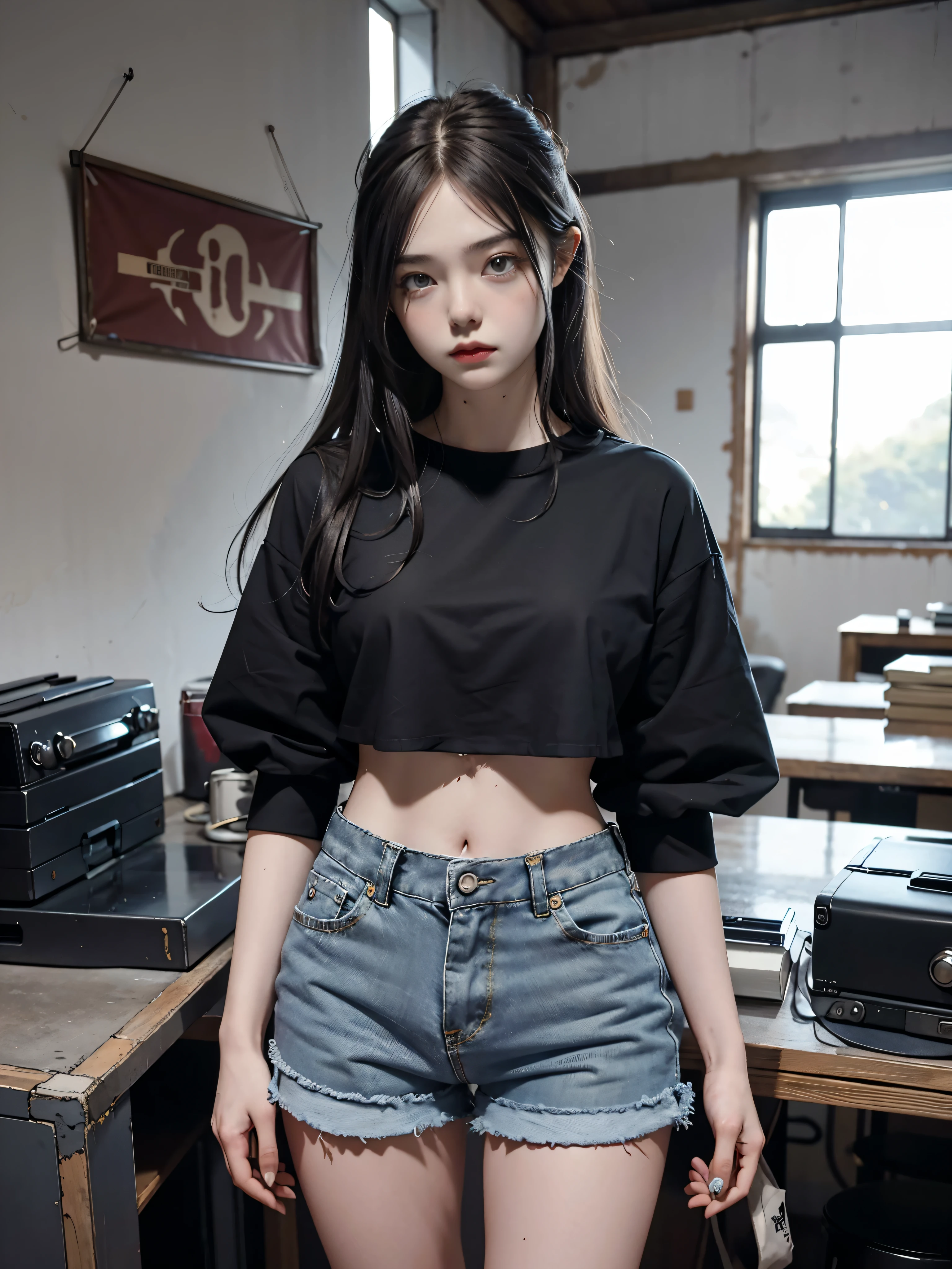 Girl in metal Bom and tight denim skirt posing for photo, corpo todo, com camiseta cropped, Bom, black cropped pants, Corpo fino, Busto pequeno, corpo do suor, molhado, modelo de magra, Modelo feminina de 24 anos, deitado na cama,