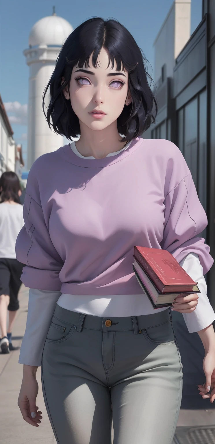 { - anatomy error}(Masterpiece - Ultra-detailed, very high resolution) , absurdos, Hinata\(Boruto\), 1girl, sozinho,Mature female, Capuz roxo,mangas em camadas, jeans, ao ar livre, Cloudy sky, perfect composition, circunstanciado lips, peito grande, beautiful face, body propotion, corar, (pink lips), cabelos pretos curto (black hair), lilac eyes, olhar suave, super realistic, circunstanciado, Photo Session, rosto e corpo realistas, Realistic hair, olhos realistas, nariz realista, realistic lips, anime, walking with lilac shoes.