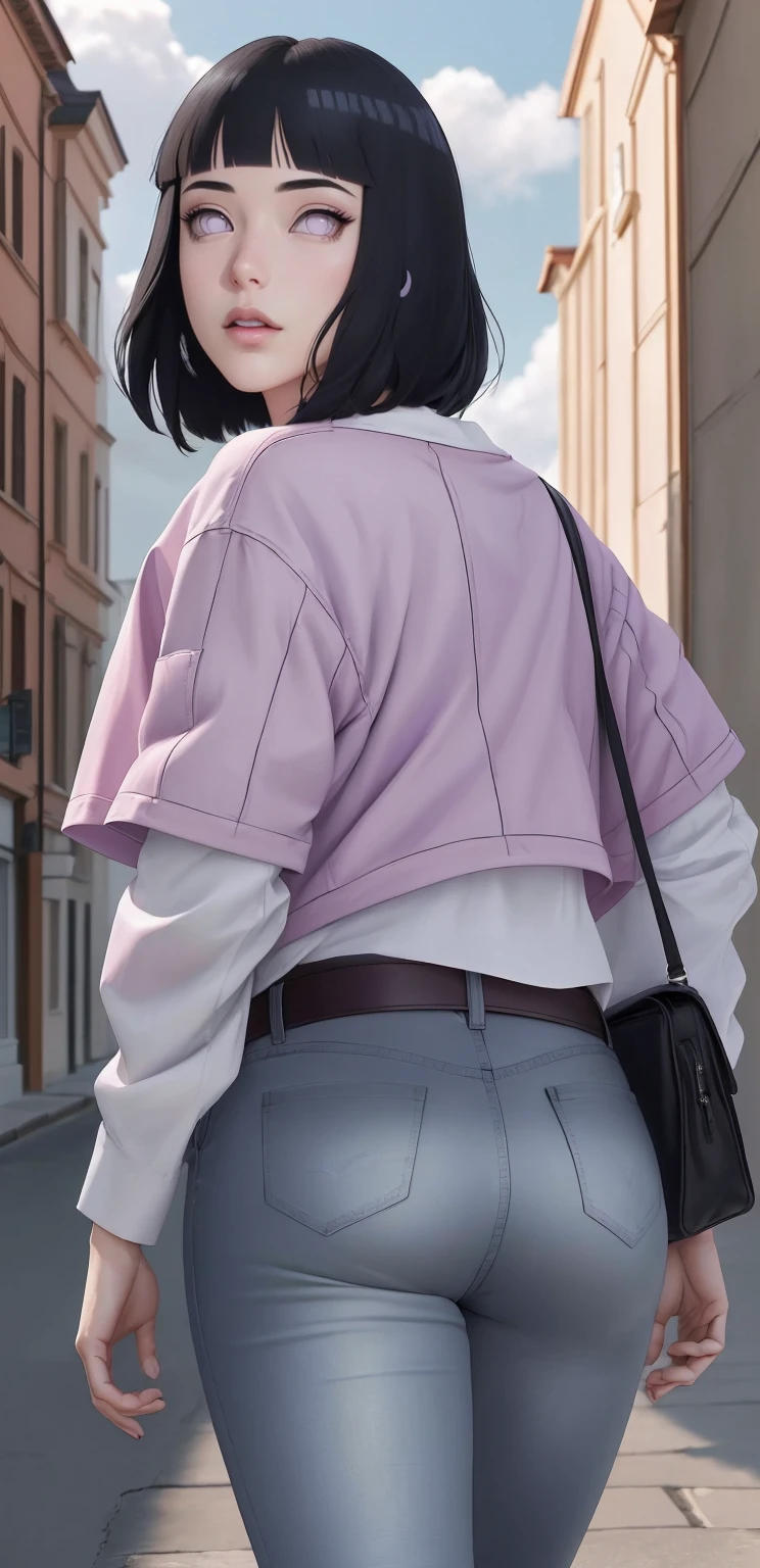 { - anatomy error}(Masterpiece - Ultra-detailed, very high resolution) , absurdos, Hinata\(Boruto\), 1girl, sozinho,Mature female, Capuz roxo,mangas em camadas, jeans, ao ar livre, Cloudy sky, perfect composition, circunstanciado lips, peito grande, beautiful face, body propotion, corar, (pink lips), cabelos pretos curto (black hair), lilac eyes, olhar suave, super realistic, circunstanciado, Photo Session, rosto e corpo realistas, Realistic hair, olhos realistas, nariz realista, realistic lips, anime, walking with lilac shoes.
