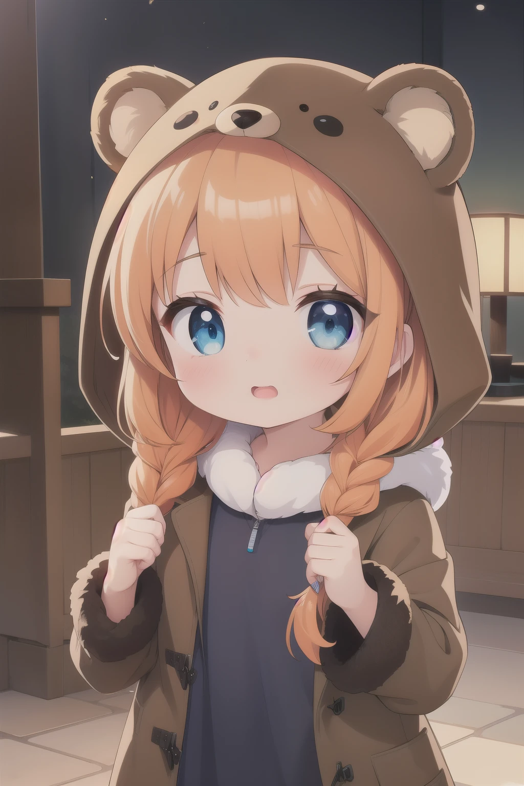 cute, female, , Orange hair, double braids hair, Blue eyes, Brown long coat, bear fur-coat hood