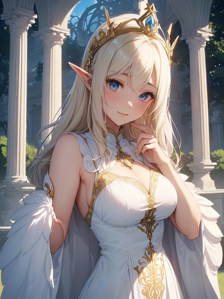 highest quality、Highest image quality、、Super beautiful elf beauty((24-years-old、vest bust、big bust、bust 90,beautiful blue long ironed hair、blonde、Open your arms、welcome、kissをしようとする、kiss💋、kiss、Sexy means、、slender、Close-up、Esbian、beautiful tiara、High quality、beautiful art、background spectacular scenery、great work、visual art、Depth of bounds written、blue sky、elf ears、、magic of light、space knight、harp melody🎵、A happy smile、gentle light、、Beautiful legs that are gentle on the skin、、、Number of fingers to achieve precise finger movements、ticker beautiful decoration、elegant、mystical　　field under the flower garden、marble columns, beautiful dressy、byzantine art、marble dome、art nouveau、temple of time、sundial、、A sexy is 1.3,giant globe、Renaissance painting、Raphael&#39;s paintings、golden ratio、Renaissance architecture、Palace garden、rose garden、Forest、forest、beautiful dress、Low - Angle、Close-up、(big angel wing)、magical gentle light、white dress face_close-up,kiss❤️赤薔薇、White Rose