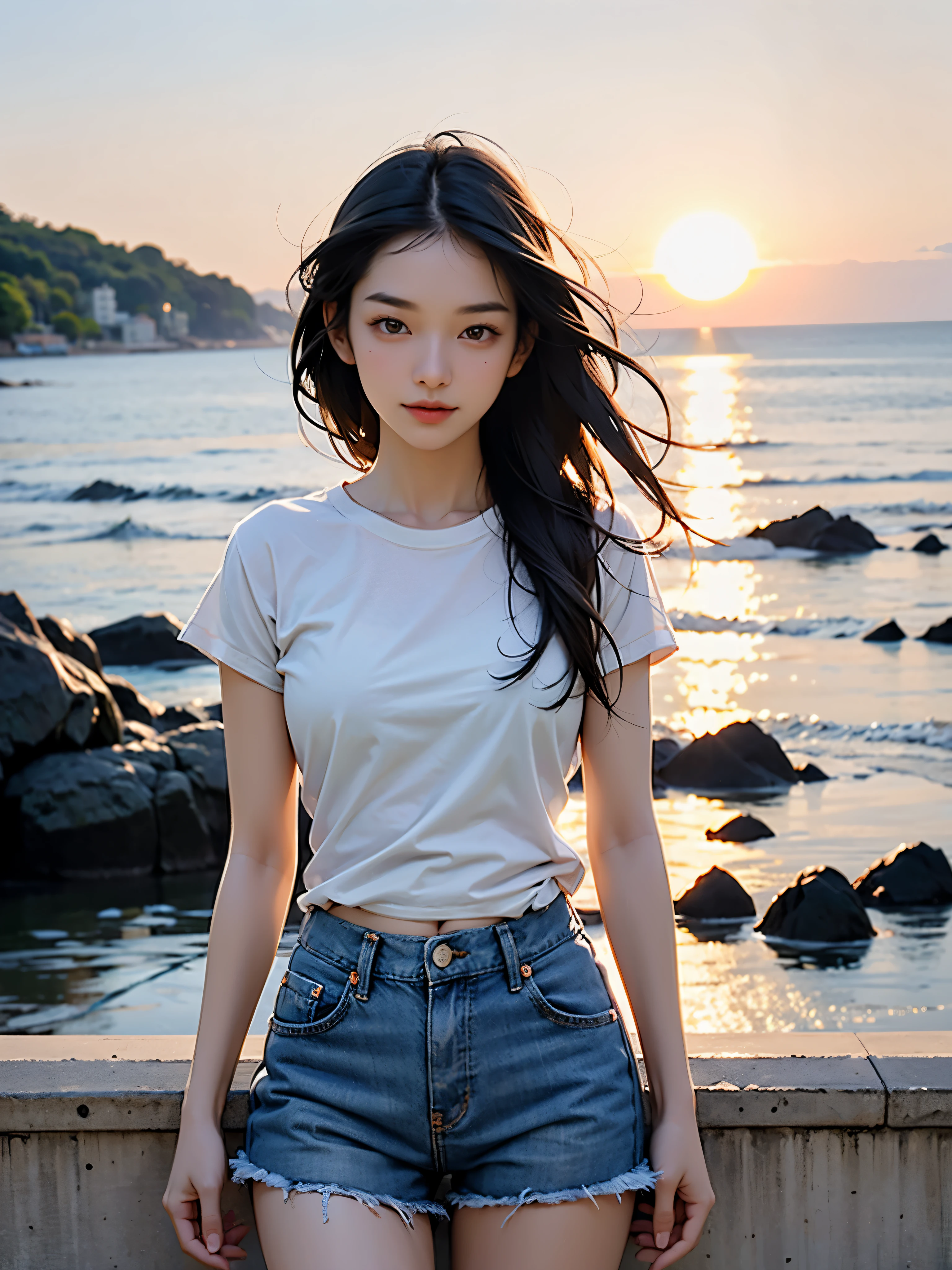 Create an image of an Asian woman wearing a thin white t-shirt. and jeans shorts. Turn to look at the people watching on the beach., The sun is behind, natural light