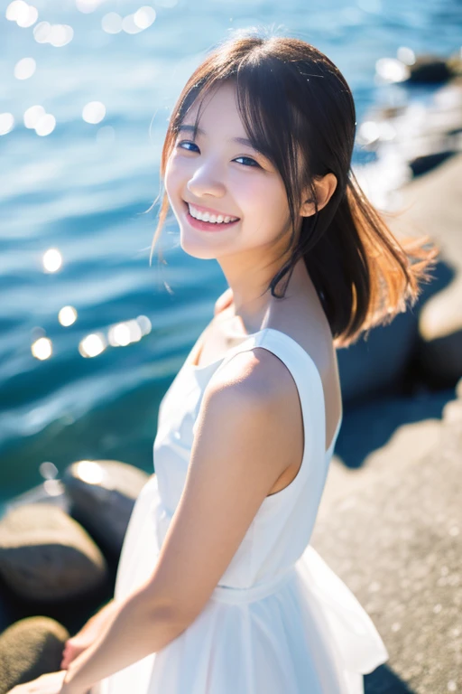1girl, solo, smile, black hair, white dress, day, realistic, grin, ocean, arms up, outdoors, holding large towel, towel fluttering in the wind, teeth, sky, armpits, beach, jewelry, earrings, water, (covered nipples, covered panties), woman in white dress on beach with towel over head, young pretty gravure idol, young gravure idol, young sensual gravure idol, realistic young gravure idol, young skinny gravure idol