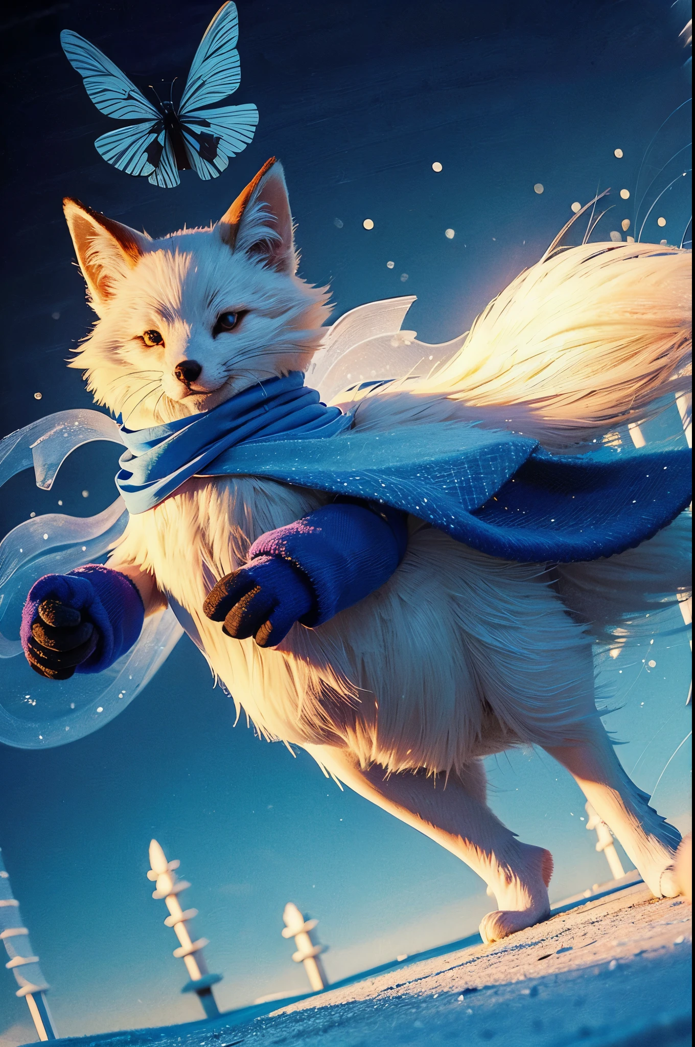 a snow fox wearing magic blue mittens that let him fly