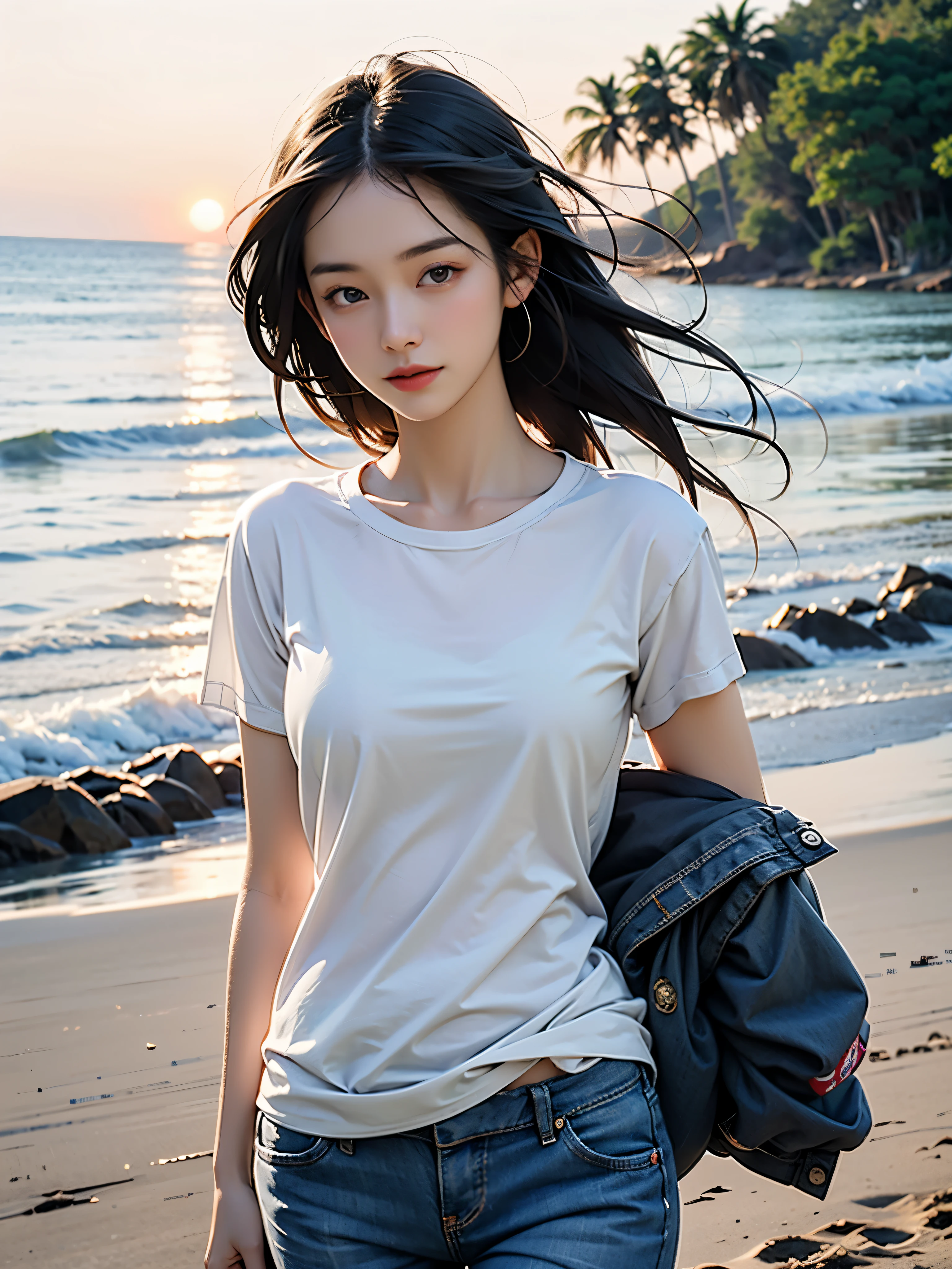 Create an image of an Asian woman wearing a thin white t-shirt. and jeans shorts. Turn to look at the people watching on the beach., The sun is behind, natural light