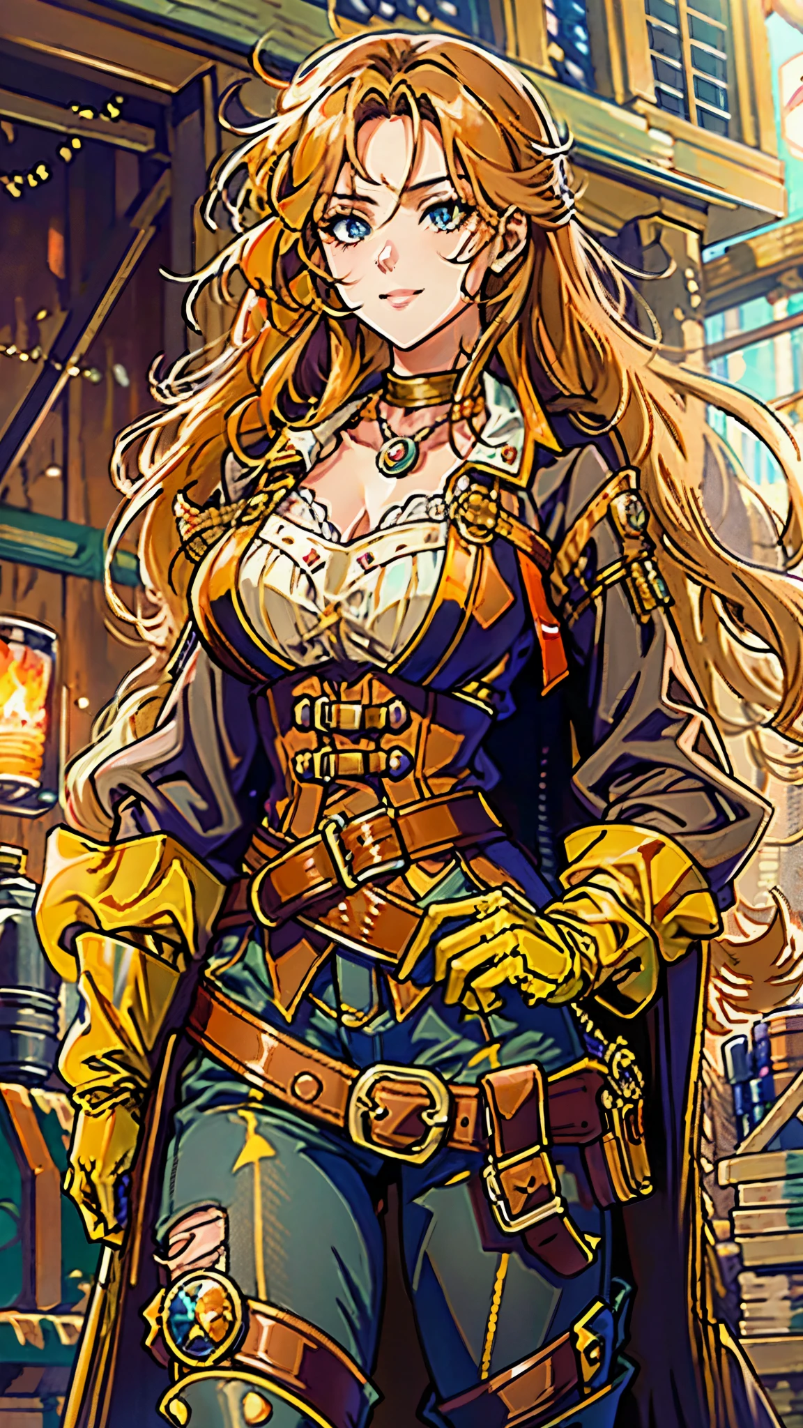 A beautiful woman with flowing orange long hair, exquisite facial features, a playful smile, confident eyes, a tall figure, a two-piece fantasy-style pirate robe coat, yellow as the main color, complemented by red accents, long wrist guard gloves on her hands, a gold belt around her waist with a short hem, leather pants, knee-high boots, standing with her hands on her hips in front of a fantasy medieval-style port tavern, this character embodies a finely crafted fantasy-style female pirate in anime style, exquisite and mature manga art style, high definition, best quality, highres, ultra-detailed, ultra-fine painting, extremely delicate, professional, anatomically correct, symmetrical face, extremely detailed eyes and face, high quality eyes, creativity, RAW photo, UHD, 8k, Natural light, cinematic lighting, masterpiece-anatomy-perfect, masterpiece:1.5