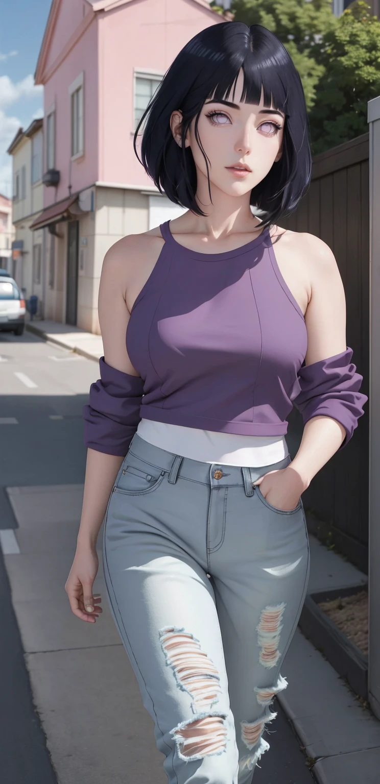 { - anatomy error}(Masterpiece - Ultra-detailed, very high resolution) , absurdos, Hinata\(Boruto\), 1girl, sozinho,Mature female, Capuz roxo,mangas em camadas, jeans, ao ar livre, Cloudy sky, perfect composition, circunstanciado lips, peito grande, beautiful face, body propotion, corar, (pink lips), cabelos pretos curto (black hair), lilac eyes, olhar suave, super realistic, circunstanciado, Photo Session, rosto e corpo realistas, Realistic hair, olhos realistas, nariz realista, realistic lips, anime, walking with lilac shoes.