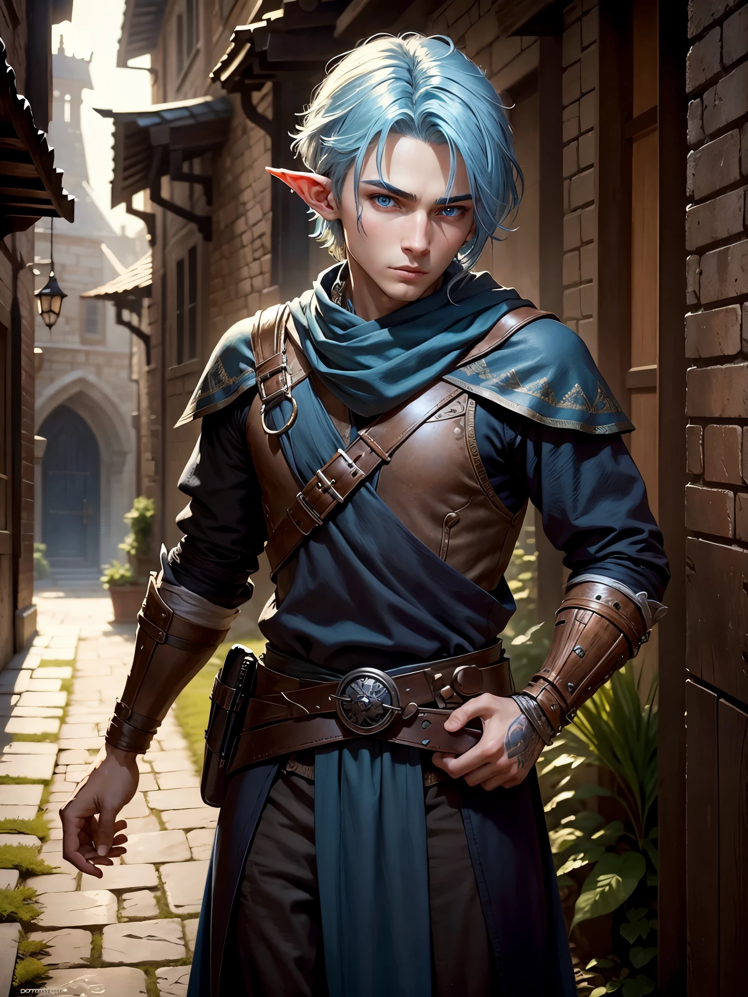 boy,young,beautiful,elf,14 years old, finely detailed eyes,skin light tone,blue hair,blue eyes, intricate details, portrait, looking at viewer, solo, (full body:0.6), ,dark wizard clothes ,detailed background, detailed face, face covered by bandana, smuggler, (tattoos:0.9), dynamic pose,best quality, masterpiece, ultra high res,high fantasy medieval setting, medieval dark alleyway background, stealth,fog
