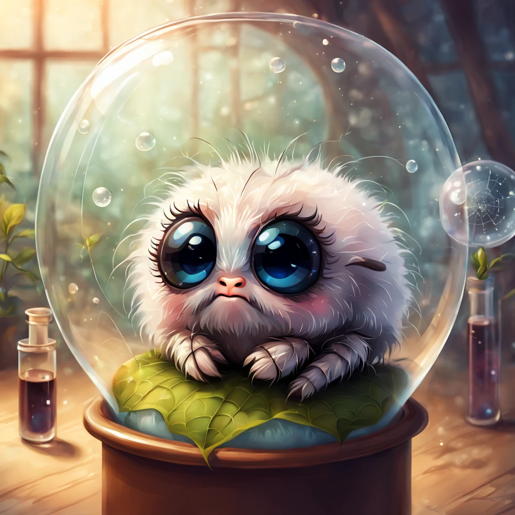  Cute  Fluffy spider lurking in a test tube staring out at the world through the glass, background alchemy lab, digital art illustration,