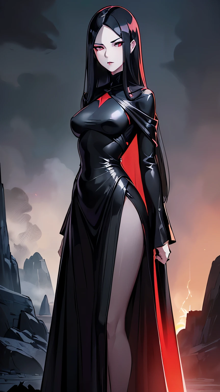 1 girl, (Masterpiece), dynamic lighting, dynamic colors, (scenery), best pose, (fantasy setting), female, (((milf, small head, small eyes, angular face, angular chin, long face, mature face, mature))), (human), (jet black colored hair, long sleek hair, sleek hair, scarlet red colored eyes, glowing eyes), sparkly eyes, (super expressionless, super expressionless eyes, super confident pose, super expressionless expression), (((long dress made out of black smoke, all black dress, black dress, full dress, covered))), (((big breasts))), ((tall, lengthy body, deathly pale, scarlet red lips, slim waist, slim)),