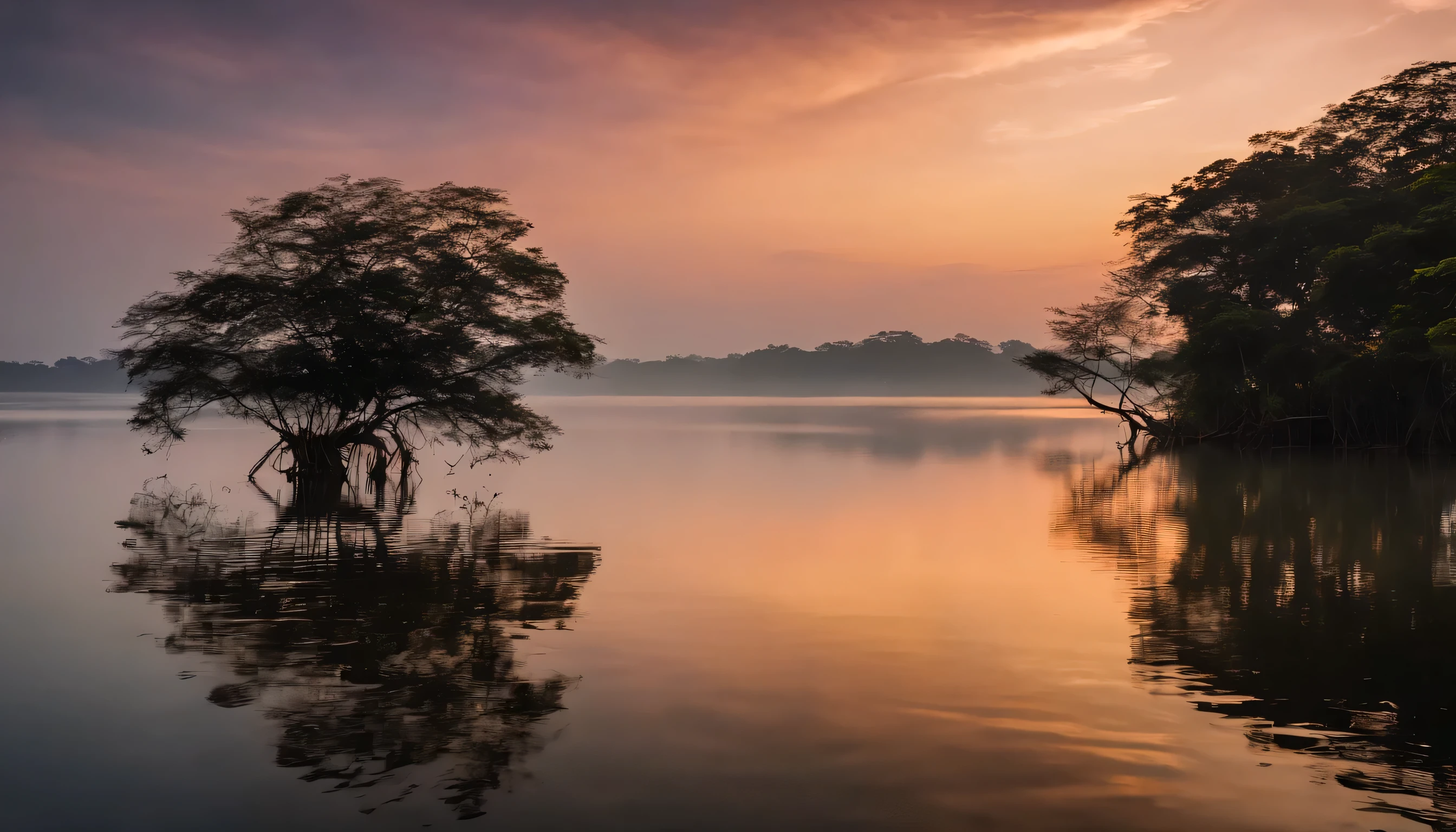 landscape style, background cloudy in morning, before sunrise, foreground silent lake full of old dead tree, inspired from Pakpra Phatthalung Thailand, captured from inside boat floating on lake,    silhouette style, digital camera, photorealistic, ultrafine, high resolution 4k