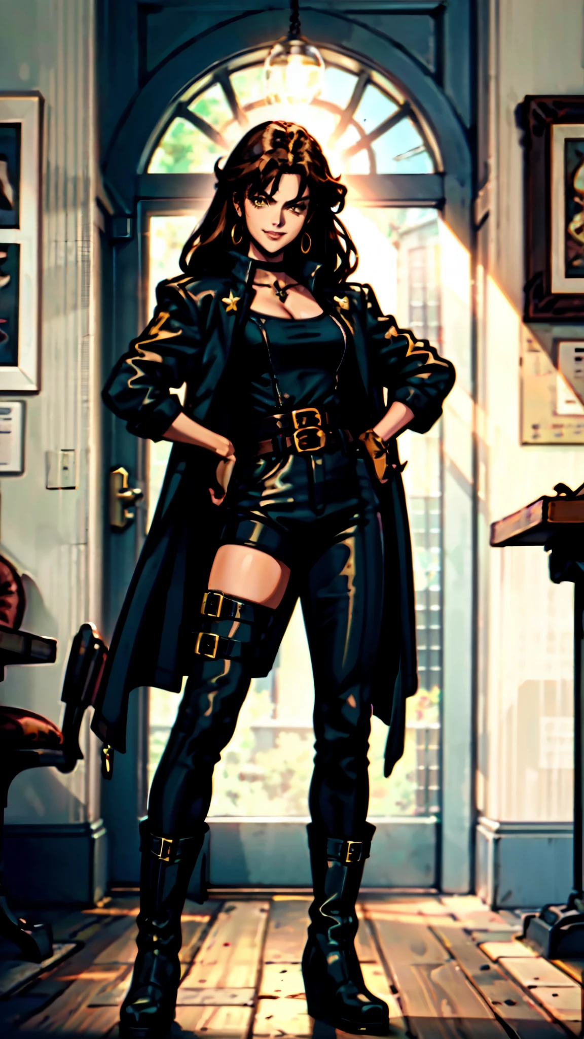 A beautiful woman with flowing orange long hair, exquisite facial features, a playful smile, confident eyes, a tall figure, a two-piece fantasy-style pirate robe coat, yellow as the main color, complemented by red accents, long wrist guard gloves on her hands, a gold belt around her waist with a short hem, leather pants, knee-high boots, standing with her hands on her hips in front of a fantasy medieval-style port tavern, this character embodies a finely crafted fantasy-style female pirate in anime style, exquisite and mature manga art style, high definition, best quality, highres, ultra-detailed, ultra-fine painting, extremely delicate, professional, anatomically correct, symmetrical face, extremely detailed eyes and face, high quality eyes, creativity, RAW photo, UHD, 8k, Natural light, cinematic lighting, masterpiece-anatomy-perfect, masterpiece:1.5