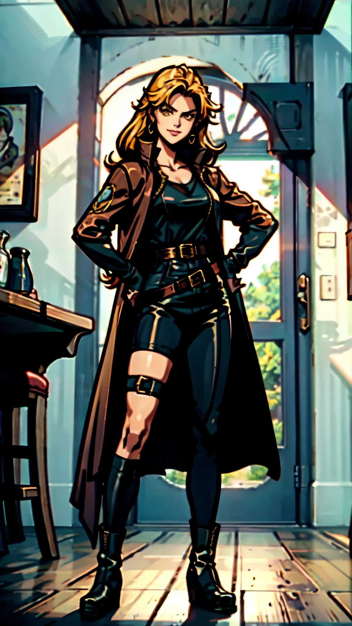A beautiful woman with flowing orange long hair, exquisite facial features, a playful smile, confident eyes, a tall figure, a two-piece fantasy-style pirate robe coat, yellow as the main color, complemented by red accents, long wrist guard gloves on her hands, a gold belt around her waist with a short hem, leather pants, knee-high boots, standing with her hands on her hips in front of a fantasy medieval-style port tavern, this character embodies a finely crafted fantasy-style female pirate in anime style, exquisite and mature manga art style, high definition, best quality, highres, ultra-detailed, ultra-fine painting, extremely delicate, professional, anatomically correct, symmetrical face, extremely detailed eyes and face, high quality eyes, creativity, RAW photo, UHD, 8k, Natural light, cinematic lighting, masterpiece-anatomy-perfect, masterpiece:1.5