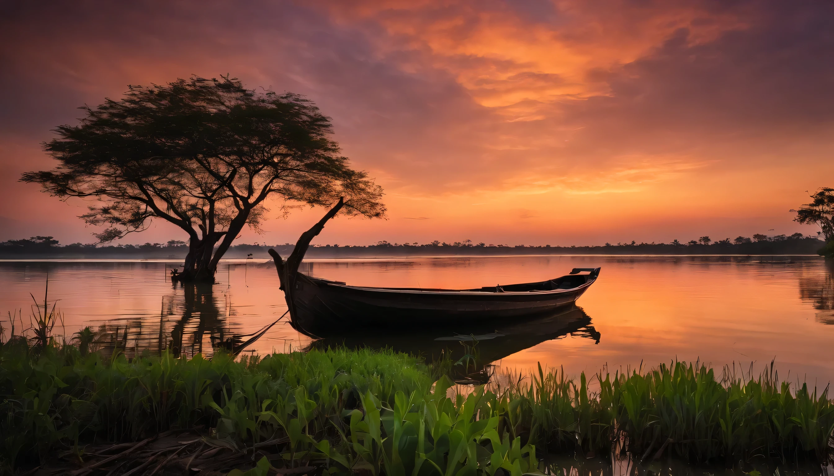 landscape style, background cloudy in morning, before sunrise, foreground silent lake full of old dead tree, inspired from Pakpra Phatthalung Thailand, captured from inside boat floating on lake,  fisherman boat was far from camera near background, silhouette style, digital camera, photorealistic, ultrafine, high resolution 4k