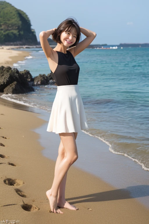 Beautiful Japanese woman standing on the sandy beach by the sea, A woman who stretches her back and shows her navel, high teenager, (Detailed model figure:standing position) (Photo Details:Front of the body, full body shot,Camera height is eye level, looking at the camera) (facial details:long eyes, beautiful eyes, Eye pupils are black, looking at the camera, elongated facial contour, Smile a little,sharp cheeks, round chin, clean nose, round chin, Bob cut brown hair) (Body details:Height: 155cm, bust 79cm, Waist 55cm, Hip 85cm, Healthy thighs, barefoot, Rest your left foot, The navel is visible) (detailed costumes:White sleeveless shirt,白地に青色で大きい水玉模様のWhite sleeveless shirt, white mini skirt, ひらひらでwhite mini skirt)