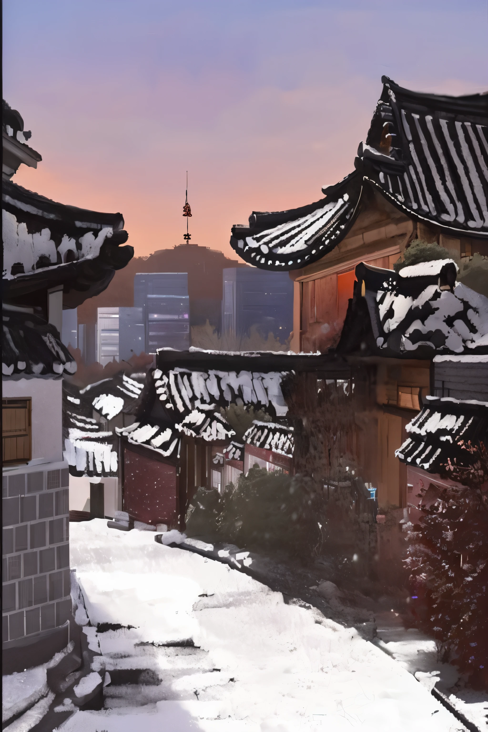 Snow-covered street with Asian architecture and tall buildings in the background, traditional korean city, Seoul,에서 Inspired Photos, Inspired Photos, Seoul 도시, song inspired, korean artist, japanese town, digital painting of a pagoda, Or something like that, song inspired사진 광화문
