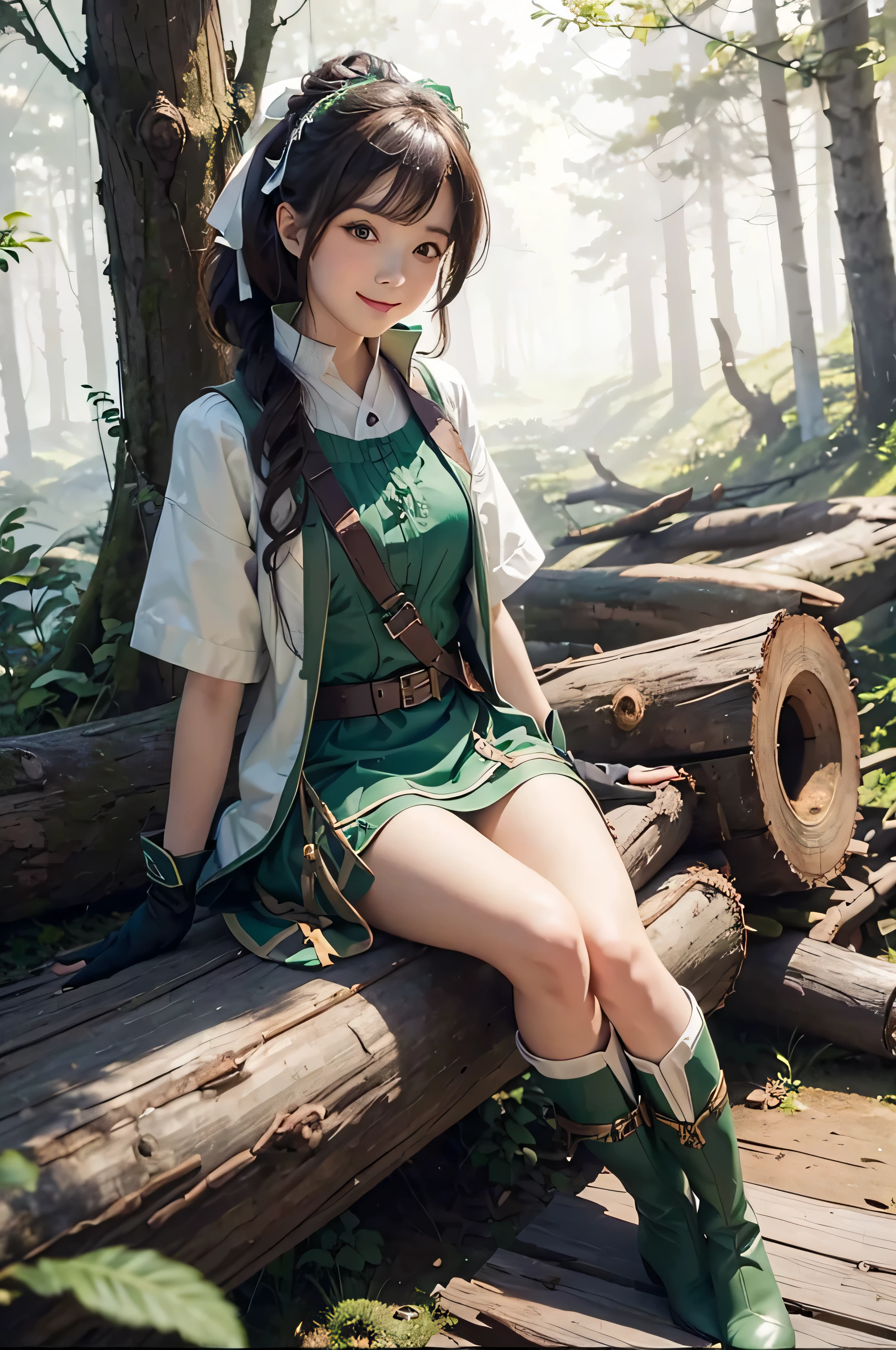masterpiece, best quality, fefir, hair ribbon, green dress, white jacket, short sleeves, fingerless gloves, belt, green boots, sitting, fallen log, forest, looking at viewer, smile 