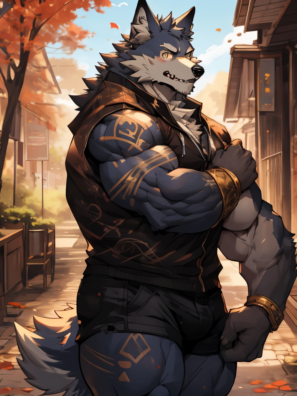 (Big arms:1.2), (Large pecs:1.2), (Thick thighs:1.1)，Shy，Wolf，Golden pupils，golden tattoo，high quality，fine lines，big penis