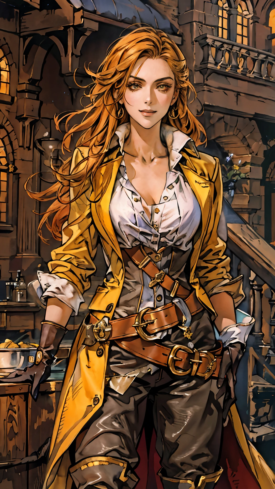 A beautiful woman with flowing orange long hair, exquisite facial features, a playful smile, confident eyes, a tall figure, a two-piece fantasy-style pirate robe coat, yellow as the main color, complemented by red accents, long wrist guard gloves on her hands, a gold belt around her waist with a short hem, leather pants, knee-high boots, standing with her hands on her hips in front of a fantasy medieval-style port tavern, this character embodies a finely crafted fantasy-style female pirate in anime style, exquisite and mature manga art style, high definition, best quality, highres, ultra-detailed, ultra-fine painting, extremely delicate, professional, anatomically correct, symmetrical face, extremely detailed eyes and face, high quality eyes, creativity, RAW photo, UHD, 8k, Natural light, cinematic lighting, masterpiece-anatomy-perfect, masterpiece:1.5