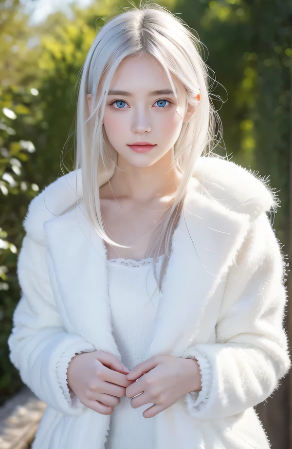 14Caucasian model at the , 両脚でFull body photo standing,((Clean clothes)), wearing fluffy clothes, Natural light, Pretty Caucasian Woman, white hair, A sloppy smile, (8K, Live shooting, highest quality, masterpiece: 1.2), masterpiece, super detail, , High-definition RAW color photo, Full body photo standing, , , , , highly detailed eyes, realistic skin texture, highly detailed fingers, very detailed nose, highly detailed mouth, , Photo above the knee, , See-through feeling、Transparent processing、Wear fluffy clothes、, White hair, Blue eyes, masterpiece, realistic skin texture, , shiny hair and white skin, 、 natural skin texture, A young woman who looks like a girl, Photo above the knee、Blue eyes, 、lowered eyebrows, innocent face, Eyes that look gentle, natural skin texture, round face, Kind eyes, long and pure white beautiful hair、, small face, No decorations attached, white, drooping eyebrows, Mont Blanc, white, drooping eyebrows、Eyes with sparkle、Both eyes are the same shape and size、Posing