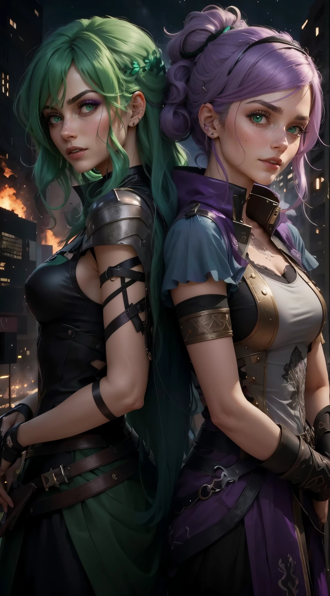 melhor qualidade, realista. 2 MULHERES, one with lilac hair/roxo. A outra garota tem cabelos verdes/verde. They are in the middle of a burning city, it&#39;s night