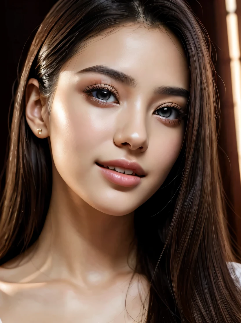 ((masterpiece、highest quality、genuine、Super detailed、High resolution、photogenuineistic、sharp focus、cinematic lighting))、Stunning portrait of a beautiful woman、bust shot、chestから上に焦点、Fashion model 25 years old、[[[[close]]]]、 [[[[chest]]]]、 [[[[waist]]]]、[[[[head]]]]、[[[[up to the shoulders]]]]、perfect eyes、perfect iris、perfect lips、perfect teeth、perfect skin、soft front light、shine