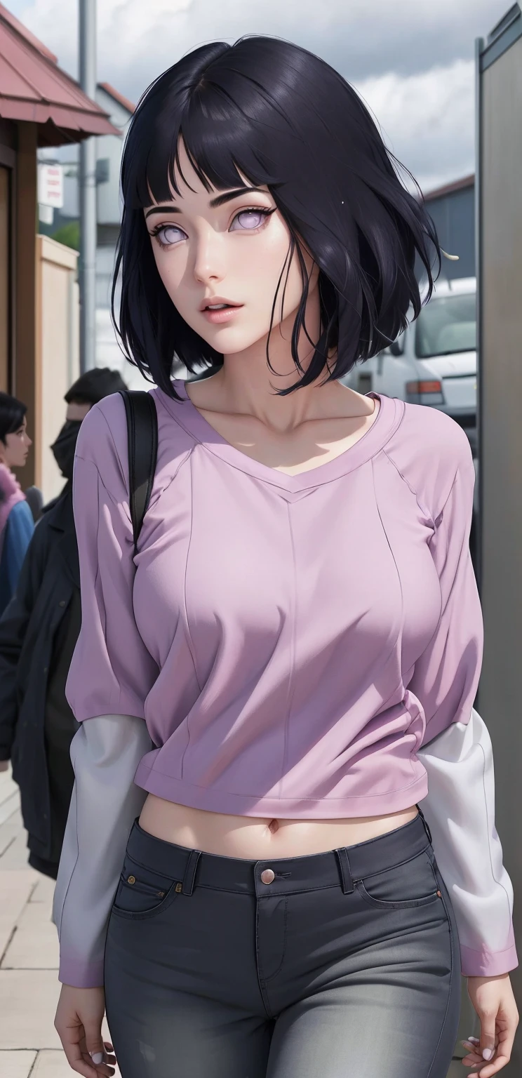 { -  error}(Masterpiece - Ultra-detailed, very high resolution) , absurdos, Hinata\(Boruto\), 1girl, sozinho,Mature female, Capuz roxo,mangas em camadas, jeans, ao ar livre, Cloudy sky, perfect composition, circunstanciado lips, peito grande, beautiful face, body propotion, corar, (pink lips), cabelos pretos curto (black hair), lilac eyes, olhar suave, super realistic, circunstanciado, Photo Session, rosto e corpo realistas, Realistic hair, olhos realistas, nariz realista, realistic lips, anime, walking with lilac shoes.