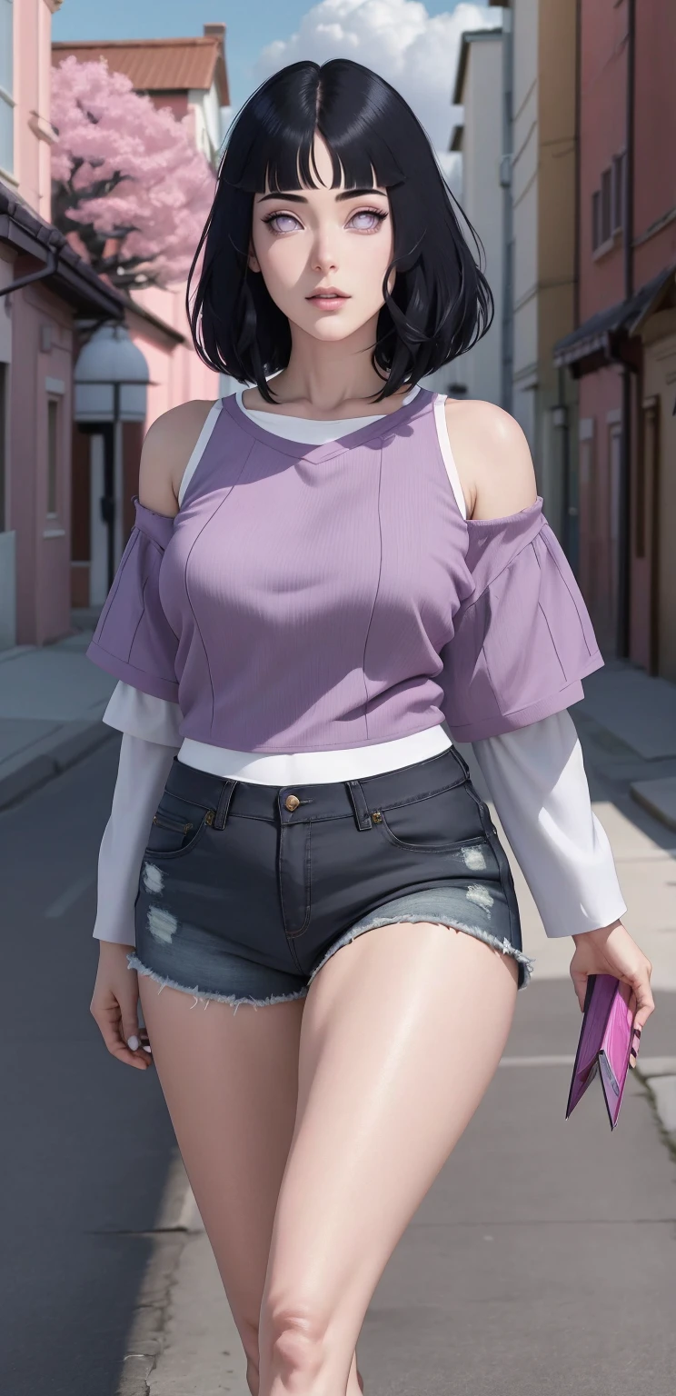 { -  error}(Masterpiece - Ultra-detailed, very high resolution) , absurdos, Hinata\(Boruto\), 1girl, sozinho,Mature female, Capuz roxo,mangas em camadas, jeans, ao ar livre, Cloudy sky, perfect composition, circunstanciado lips, peito grande, beautiful face, body propotion, corar, (pink lips), cabelos pretos curto (black hair), lilac eyes, olhar suave, super realistic, circunstanciado, Photo Session, rosto e corpo realistas, Realistic hair, olhos realistas, nariz realista, realistic lips, anime, walking with lilac shoes.