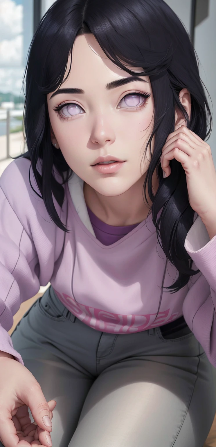 { - anatomy error}(Masterpiece - Ultra-detailed, very high resolution) , absurdos, Hinata\(Boruto\), 1girl, sozinho,Mature female, Capuz roxo,mangas em camadas, jeans, ao ar livre, Cloudy sky, perfect composition, circunstanciado lips, peito grande, beautiful face, body propotion, corar, (pink lips), cabelos pretos curto (black hair), lilac eyes, olhar suave, super realistic, circunstanciado, Photo Session, rosto e corpo realistas, Realistic hair, olhos realistas, nariz realista, realistic lips, anime, walking with lilac shoes.