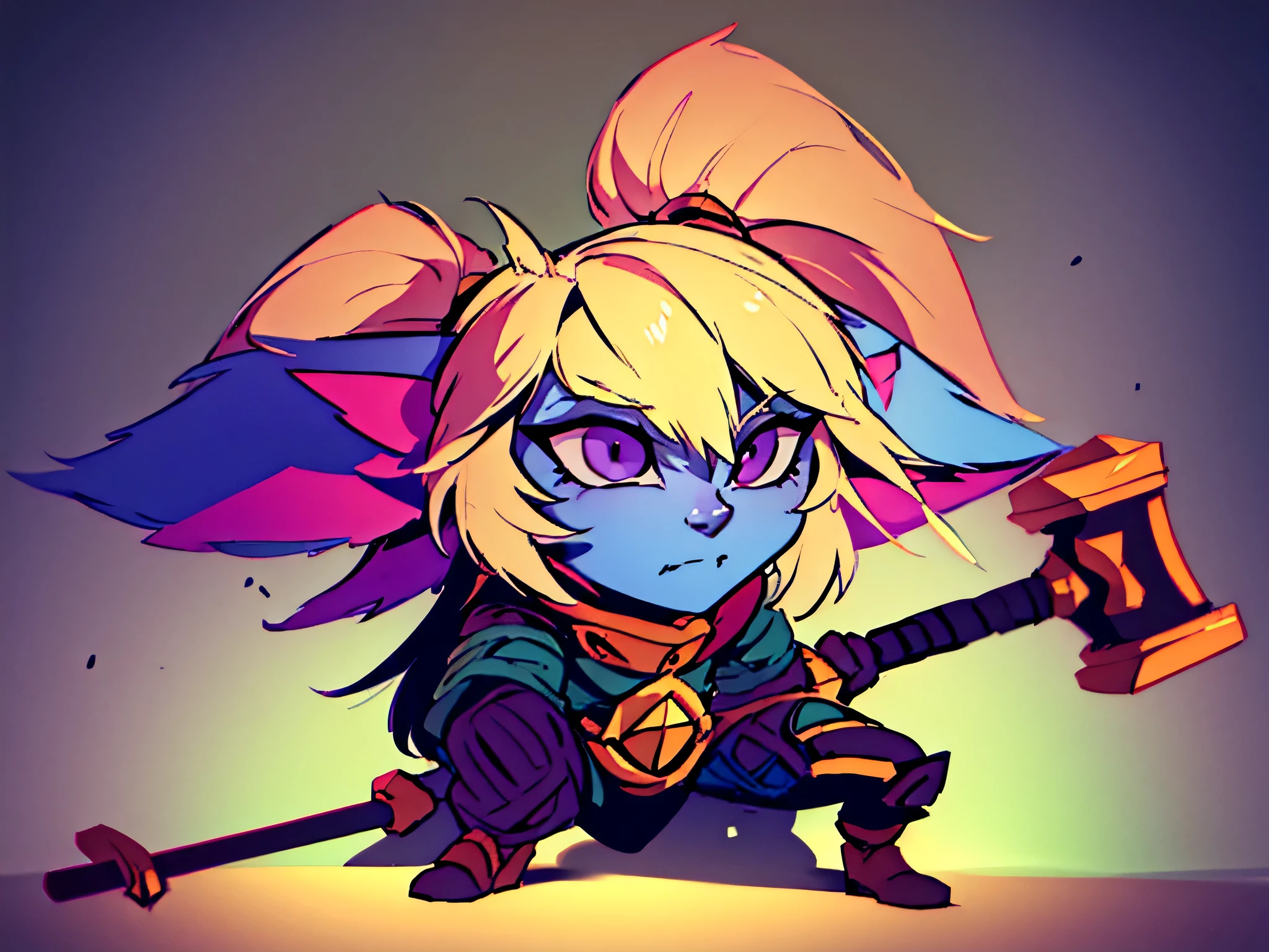 Tristeza no olhar, there's one with blonde hair and a blue face holding a gigantic hammer, poppy, fofa, yordle, arte oficial splash, Estilo de arte de League of Legends, de League of Legends, Arte estilo League of Legends, iconic character splash art, arte de splash do personagem, Astri Lohne, Arte do personagem de League of Legends, Personagem de League of Legends, fantasia estilo de arte hearthstone, campo de batalha, brava e fofa, forte,/cores predominantes roxo e preto