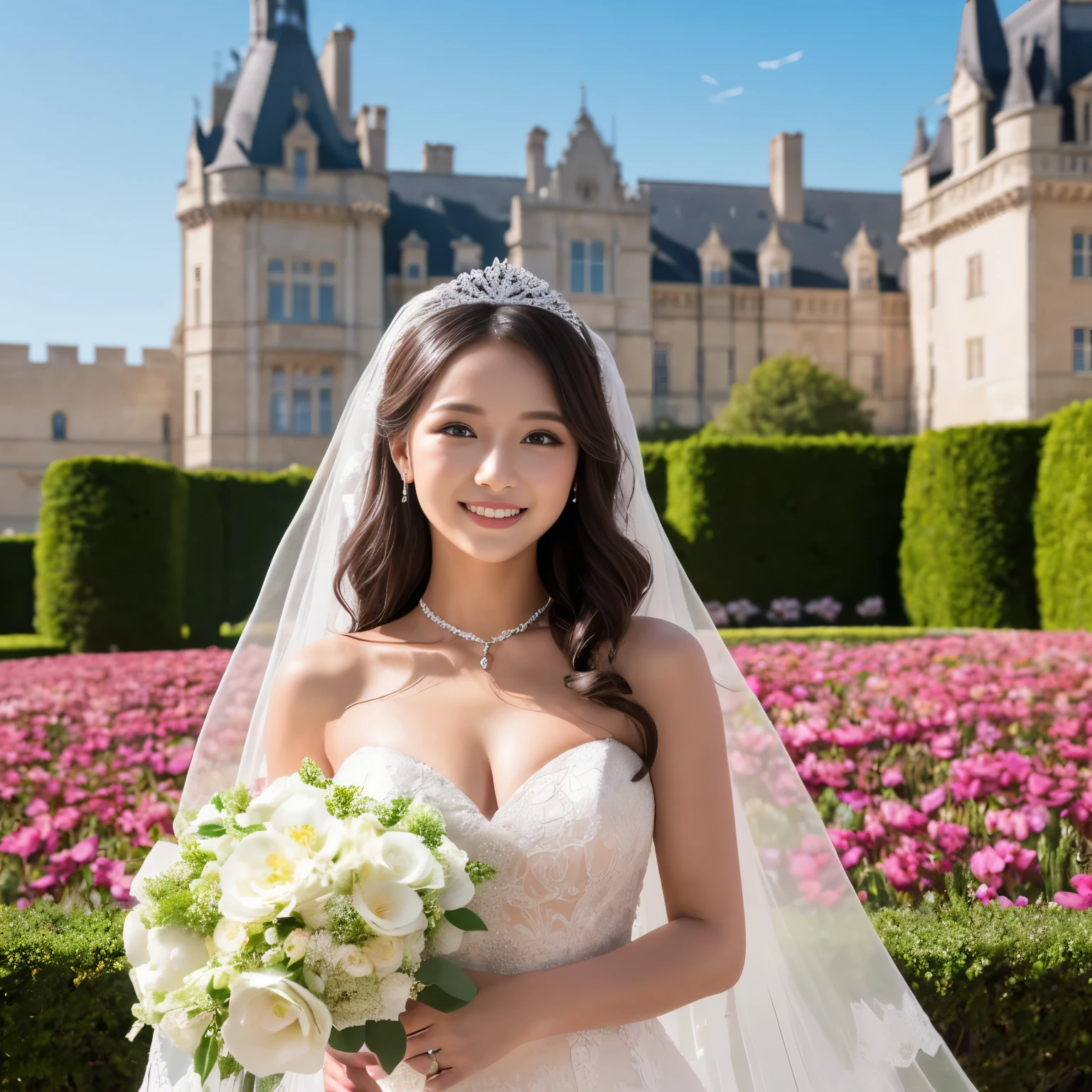 (masutepiece、top-quality、8K、Highly Detailed and Complex Detail、The most complex and detailed textures、Super High Detail)、1 very bride、large full breasts、The most luxurious wedding dress、wedding lace、The finest giant tiara、Top quality giant necklace、the most luxurious and luxurious decoration、(surrounded by lots of flowers:1.2)、Bride in the castle flower garden、the most luxurious and romantic wedding、(huge flower gardenに立つ花嫁:1.2)、one giant fountain、huge flower garden、Exterior of the most luxurious and huge European castle in the background、Upper body photo、the biggest smile when you look at me