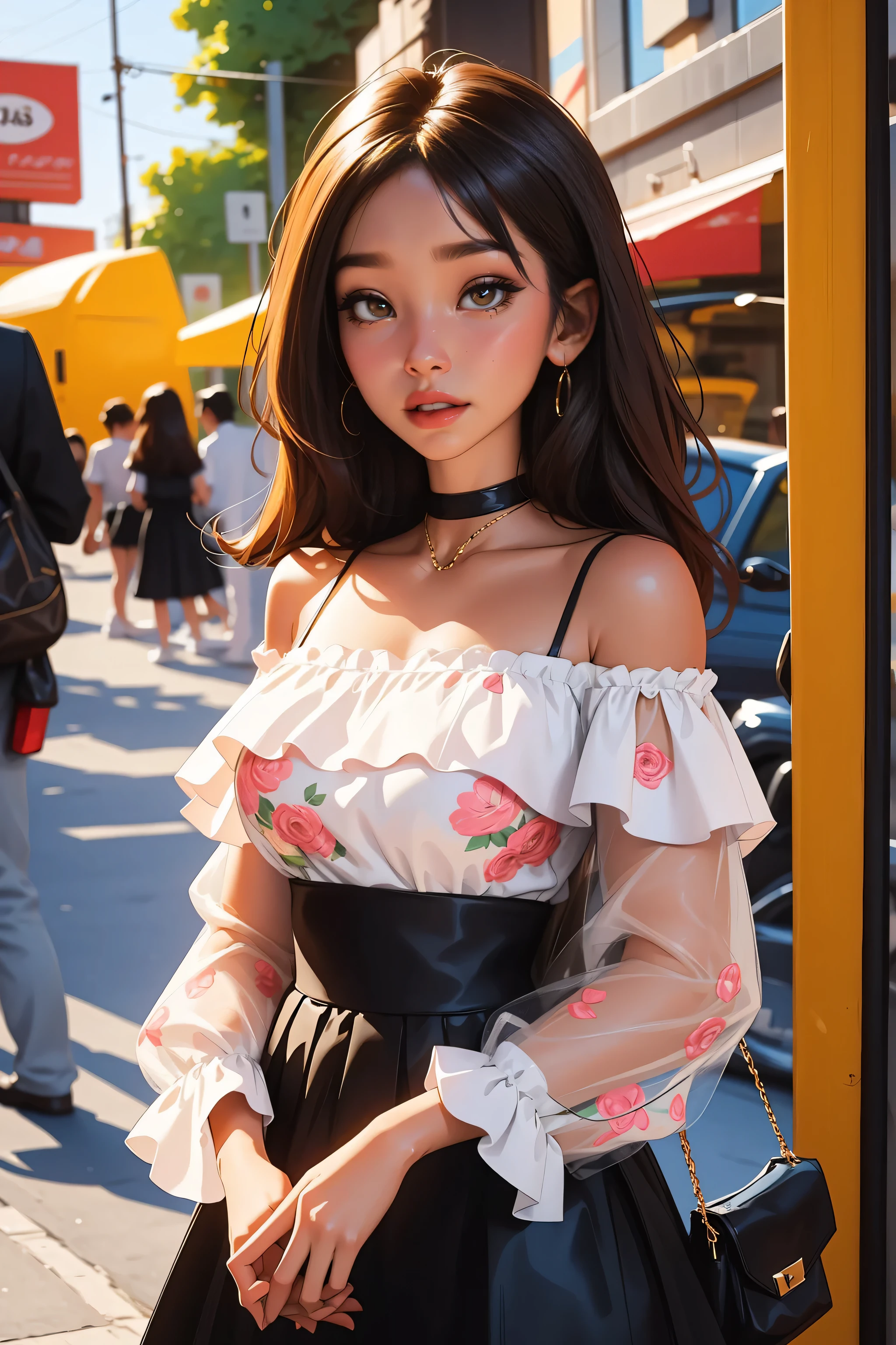 (best quality, masterpiece), 1girl, intricate details, off shoulder, skirt, choker, frills, see-through, looking at viewer, blush, upper body, blurry background, floral print, contrapposto