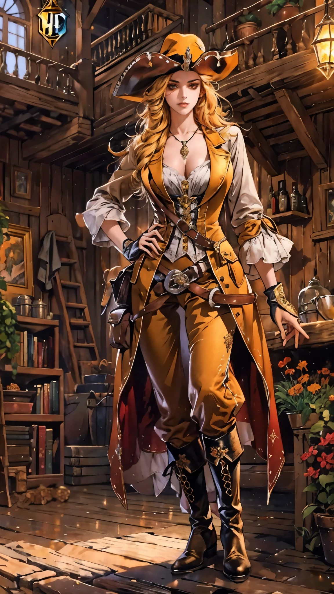 A beautiful woman with flowing orange long hair, exquisite facial features, a playful smile, confident eyes, a tall figure, a two-piece fantasy-style pirate robe coat, yellow as the main color, complemented by red accents, long wrist guard gloves on her hands, a gold belt around her waist with a short hem, leather pants, knee-high boots, standing with her hands on her hips in front of a fantasy medieval-style port tavern, this character embodies a finely crafted fantasy-style female pirate in anime style, exquisite and mature manga art style, high definition, best quality, highres, ultra-detailed, ultra-fine painting, extremely delicate, professional, anatomically correct, symmetrical face, extremely detailed eyes and face, high quality eyes, creativity, RAW photo, UHD, 8k, Natural light, cinematic lighting, masterpiece-anatomy-perfect, masterpiece:1.5