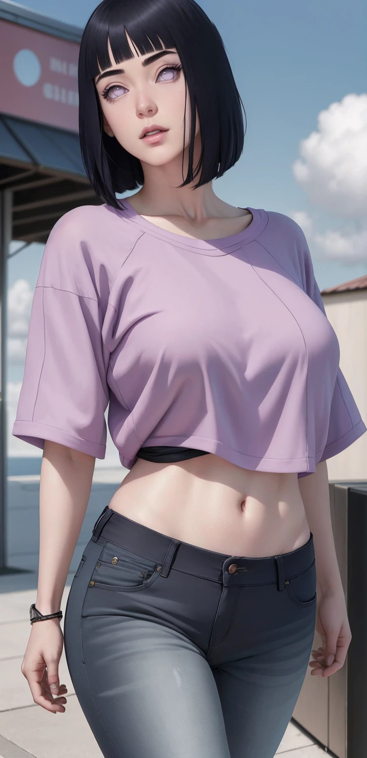 { -  error}(Masterpiece - Ultra-detailed, very high resolution) , absurdos, Hinata\(Boruto\), 1girl, sozinho,Mature female, Capuz roxo,mangas em camadas, jeans, ao ar livre, Cloudy sky, perfect composition, circunstanciado lips, peito grande, beautiful face, body propotion, corar, (pink lips), cabelos pretos curto (black hair), lilac eyes, olhar suave, super realistic, circunstanciado, Photo Session, rosto e corpo realistas, Realistic hair, olhos realistas, nariz realista, realistic lips, anime, walking with lilac shoes.