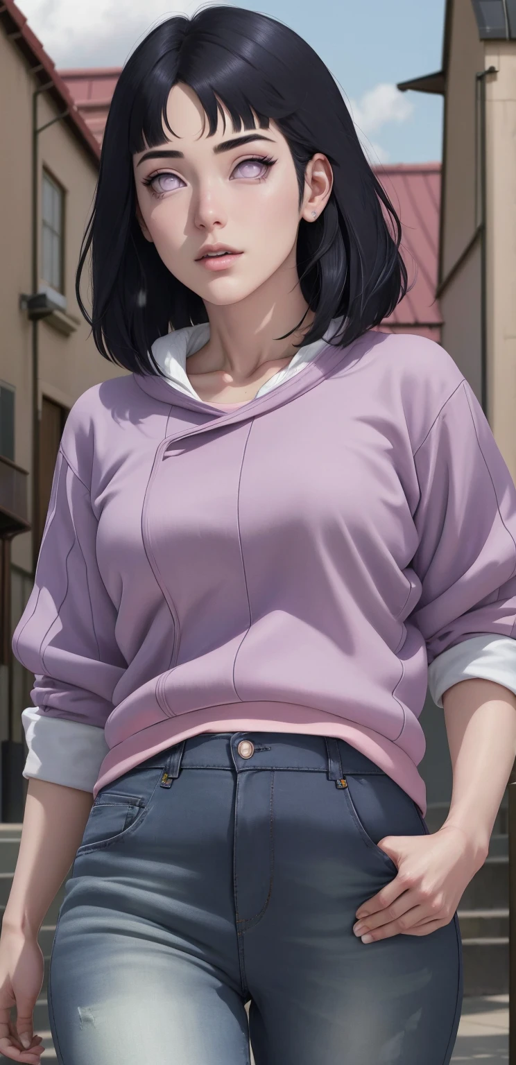 { -  error}(Masterpiece - Ultra-detailed, very high resolution) , absurdos, Hinata\(Boruto\), 1girl, sozinho,Mature female, Capuz roxo,mangas em camadas, jeans, ao ar livre, Cloudy sky, perfect composition, circunstanciado lips, peito grande, beautiful face, body propotion, corar, (pink lips), cabelos pretos curto (black hair), lilac eyes, olhar suave, super realistic, circunstanciado, Photo Session, rosto e corpo realistas, Realistic hair, olhos realistas, nariz realista, realistic lips, anime, walking with lilac shoes.