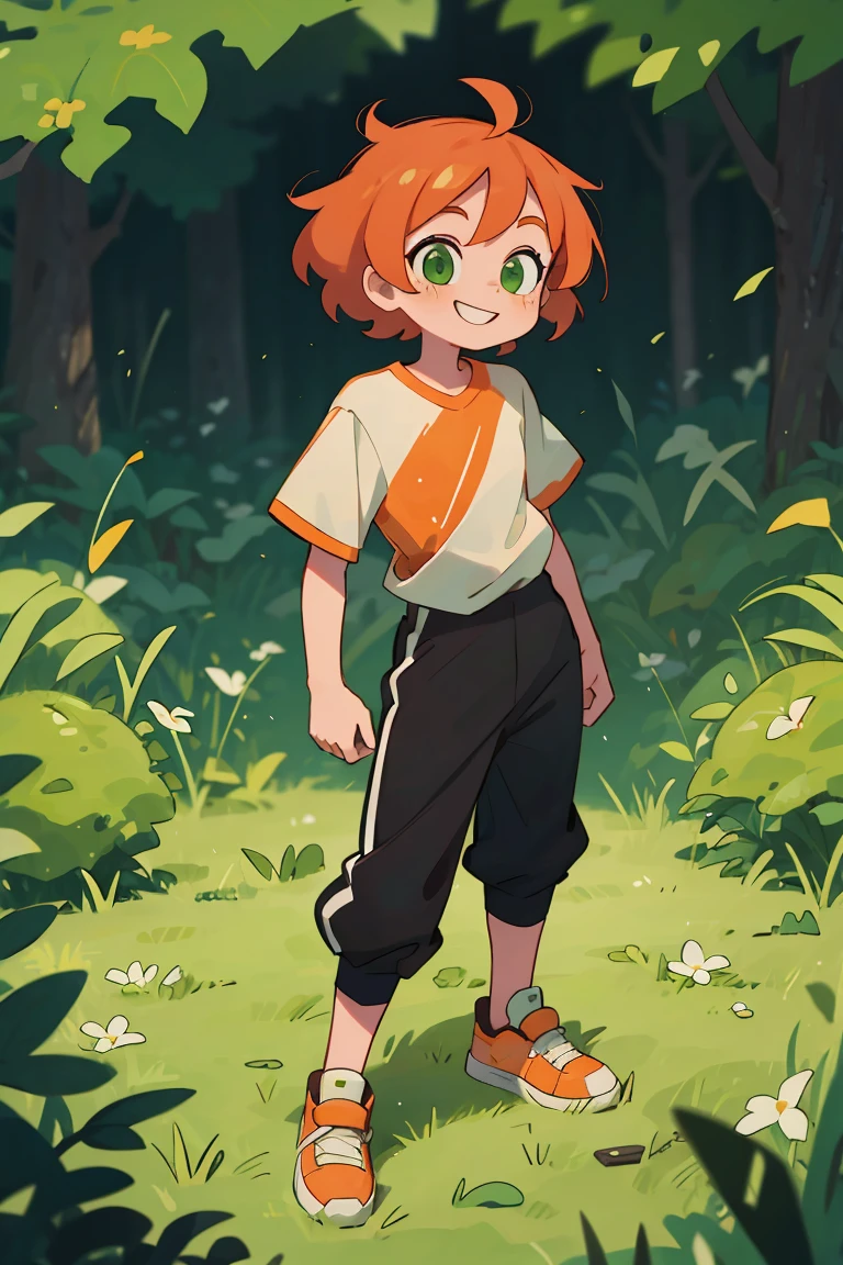 masterpiece, 4k, detailed, extreme detailed, thin, , male, shaggy short orange hair, green eyes, smiling, red short sleeve shirt, black pants, hitop sneakers, full body, standing on grass