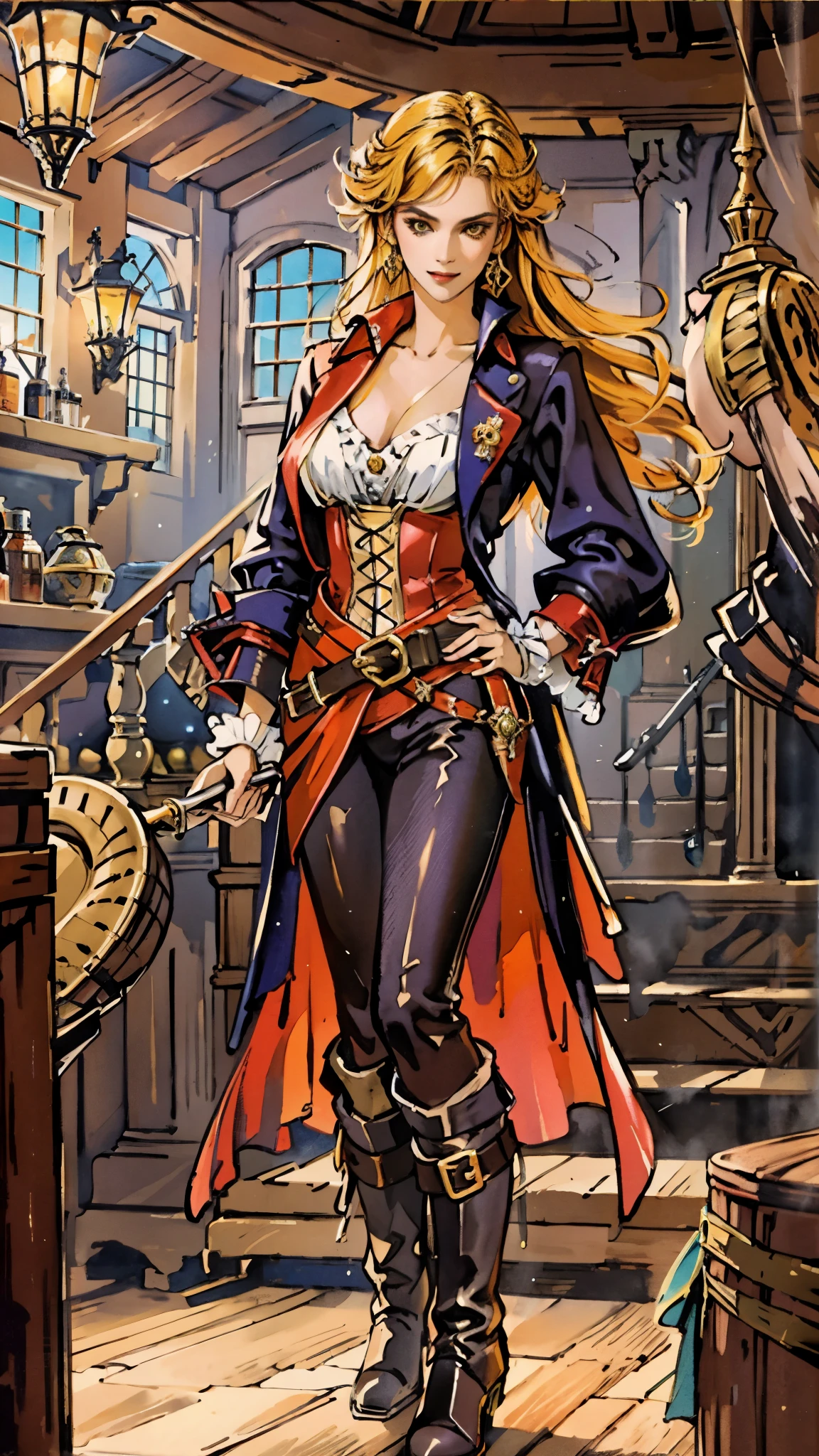 Masterpiece, Super High Quality, Beautiful Details, Highly Detailed,16k, Exquisite, Absurd, High Resolution, Beautiful Background, Beautiful Eyes, Beautiful Skin, Anime Style, (Focus on Upper Body:1.3), 1 Girl, Standing Has, (Cowboy Shot:1.5 ), Breaking Emeralds, Blue eyes, Very long eyelashes, Long eyes, (Skull and skull clothing), Black cloak, Gloves, Shining blonde hair, Skull headdress, (Face (scars), Weapon, Boots, Medium Chest, (Red Clothes: 1.5), Looking Up, Ascot, Blake Surrealism, Realistic: 1.3, 3D, Super Detailed, Masterpiece, 16K Illustration, Highly Detailed CG Unity 8k Wallpaper, Top Quality, Absurd, Official Art, Dramatic Lighting, Detailed Skin Textures, Detailed Cloth Textures, Beautifully Detailed Faces, Intricate Details, Ultra Detailed, Rim Lighting, Side Lighting, Cinematic light like, super high resolution, ambient 8k, film grain, best shadows, delicate, raw, breakstar \(sky\), cinematic light ing, space , holster,