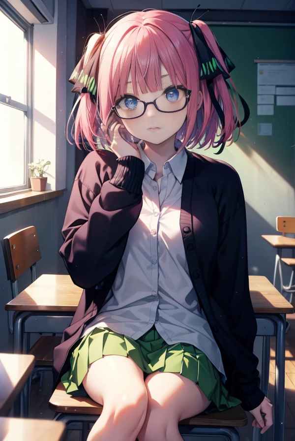 ninonakano, nino nakano, short hair, bangs, blue eyes, hair ornaments, hair ribbon, pink hair, blunt bangs, two side up, butterfly hair ornaments,
break skirt, shirt, long sleeve, white shirt, pleated skirt, open clothes, collared shirt, sleeves go over wrists, dress shirt, cardigan, green skirt, open cardigan, black cardigan,purple abyss glasses,classroom,Textbook on desk,sitting in a chair,He rests his arm on the desk and rests his chin on it.,break looking at viewer, break (masterpiece:1.2), highest quality, High resolution, unity 8k wallpaper, (figure:0.8), (beautiful and fine eyes:1.6), highly detailed face, perfect lighting, Very detailed CG, (perfect hands, perfect anatomy),