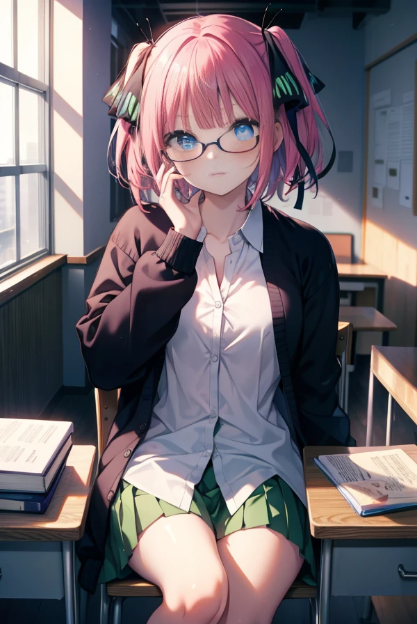 ninonakano, nino nakano, short hair, bangs, blue eyes, hair ornaments, hair ribbon, pink hair, blunt bangs, two side up, butterfly hair ornaments,
break skirt, shirt, long sleeve, white shirt, pleated skirt, open clothes, collared shirt, sleeves go over wrists, dress shirt, cardigan, green skirt, open cardigan, black cardigan,purple abyss glasses,classroom,Textbook on desk,sitting in a chair,He rests his arm on the desk and rests his chin on it.,break looking at viewer, break (masterpiece:1.2), highest quality, High resolution, unity 8k wallpaper, (figure:0.8), (beautiful and fine eyes:1.6), highly detailed face, perfect lighting, Very detailed CG, (perfect hands, perfect anatomy),