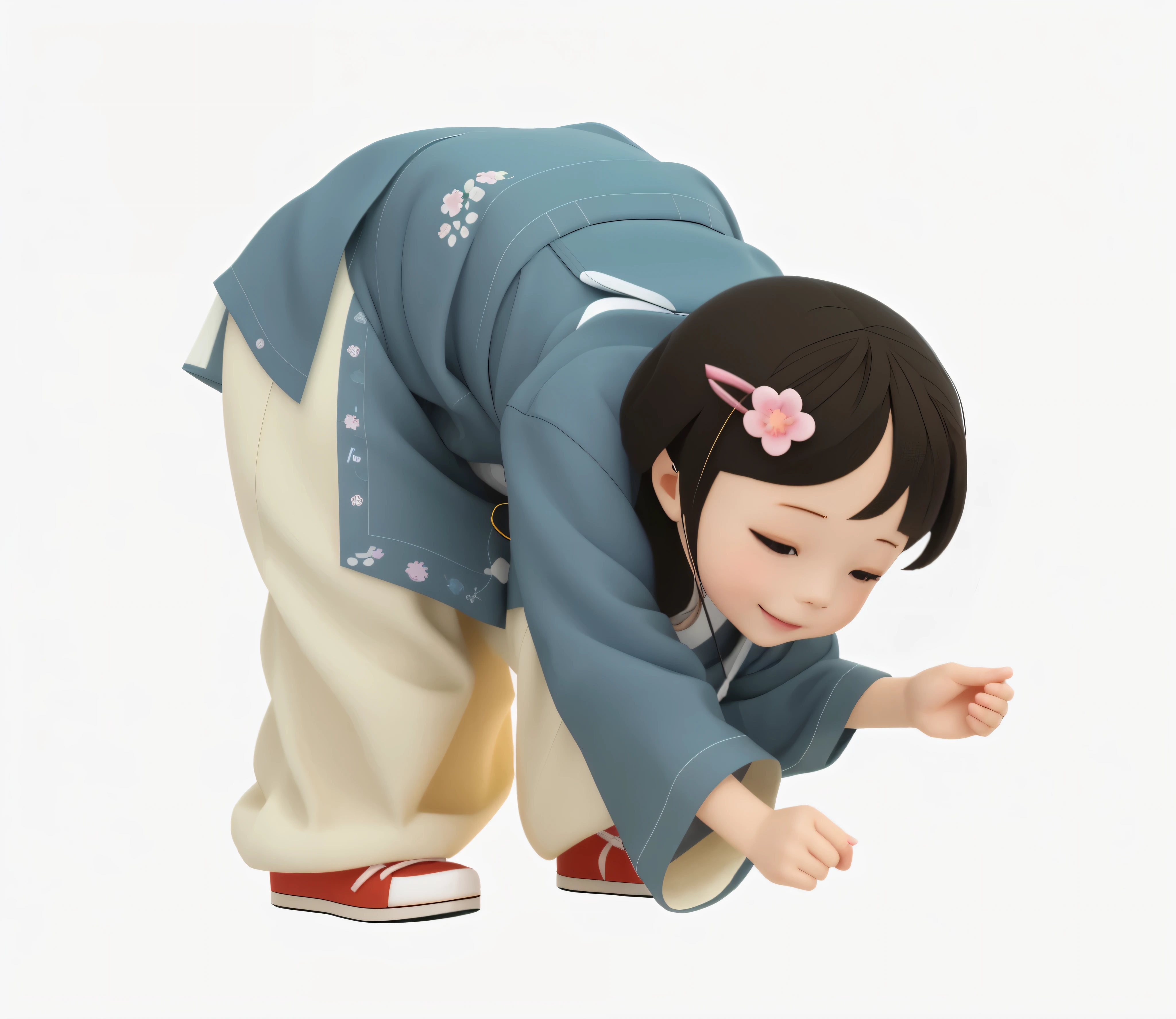 there is a small  that is bending down to touch something, render of a cute 3d anime girl, the anime girl is crouching, 3d model of a japanese mascot, cute 3 d render, kawaii playful pose of a dancer, of a youthful japanese girl, adorable digital painting, japanese animation style, 3d anime girl, anime styled 3d，睁眼，眼睛睁开很大