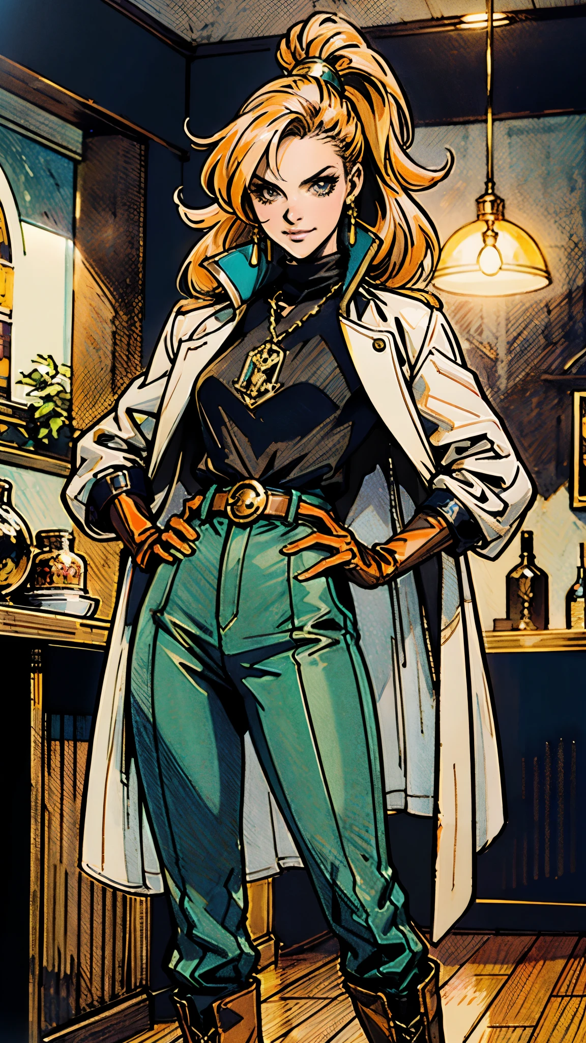 A beautiful woman with flowing orange long hair, exquisite facial features, a playful smile, confident eyes, a tall figure, a two-piece fantasy-style pirate robe coat, yellow as the main color, complemented by red accents, long wrist guard gloves on her hands, a gold belt around her waist with a short hem, leather pants, knee-high boots, standing with her hands on her hips in front of a fantasy medieval-style port tavern, this character embodies a finely crafted fantasy-style female pirate in anime style, exquisite and mature manga art style, high definition, best quality, highres, ultra-detailed, ultra-fine painting, extremely delicate, professional, anatomically correct, symmetrical face, extremely detailed eyes and face, high quality eyes, creativity, RAW photo, UHD, 8k, Natural light, cinematic lighting, masterpiece-anatomy-perfect, masterpiece:1.5