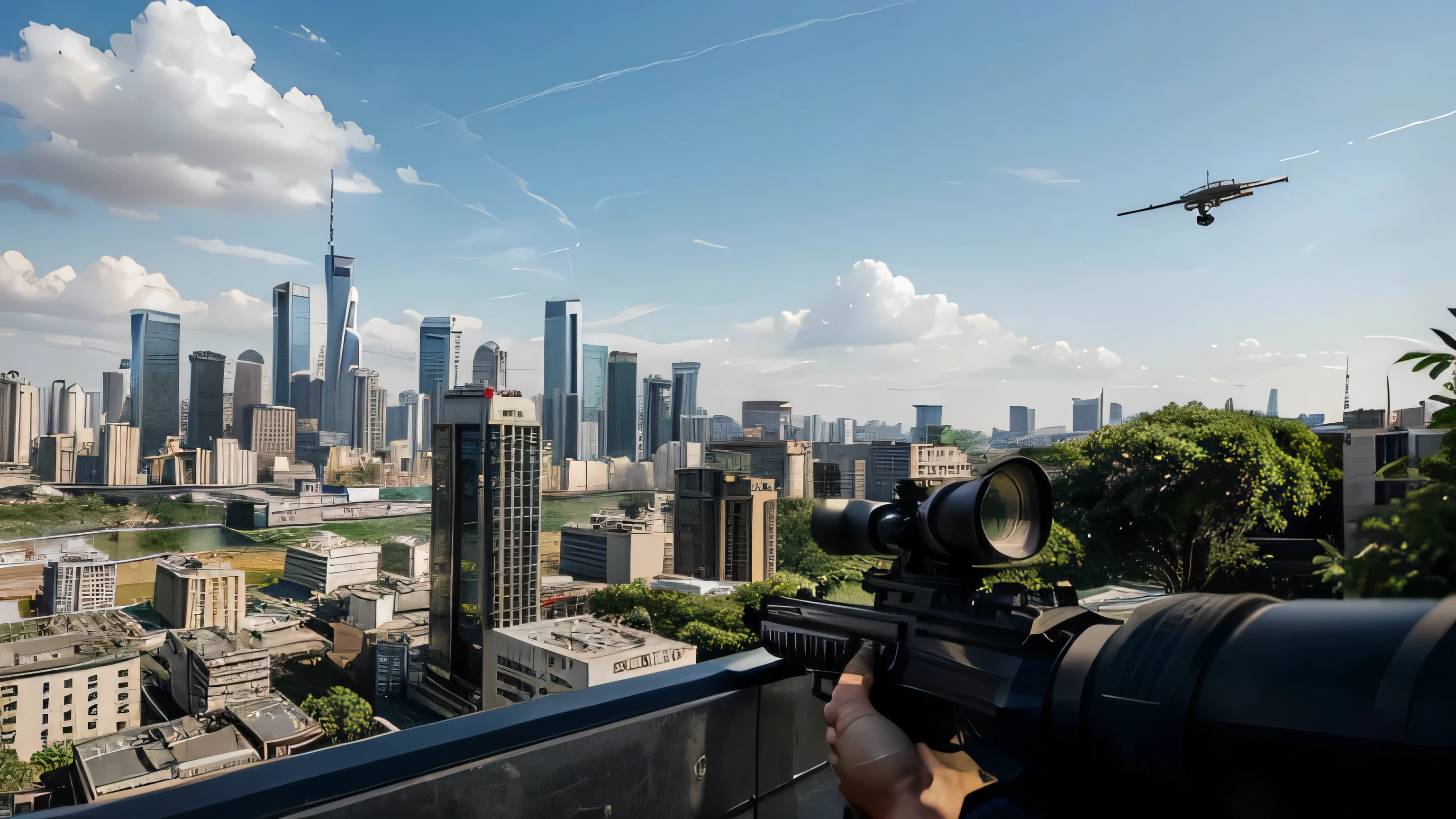 A close-up view of a player shooting a group of enemies. Enemies are wearing black uniforms and carrying assault rifles. The player is using a sniper rifle and aiming carefully. As balas voam pelo ar, and enemies fall to the ground. Uma paisagem urbana futurista, with towering skyscrapers that curve and twist in graceful lines. Buildings are made from a variety of materials, incluindo vidro, steel, e concreto. They are covered in lush vegetation, with trees and plants growing on the sides and roofs. The city is bathed in heat, luz dourada, and the sky is a clear blue.