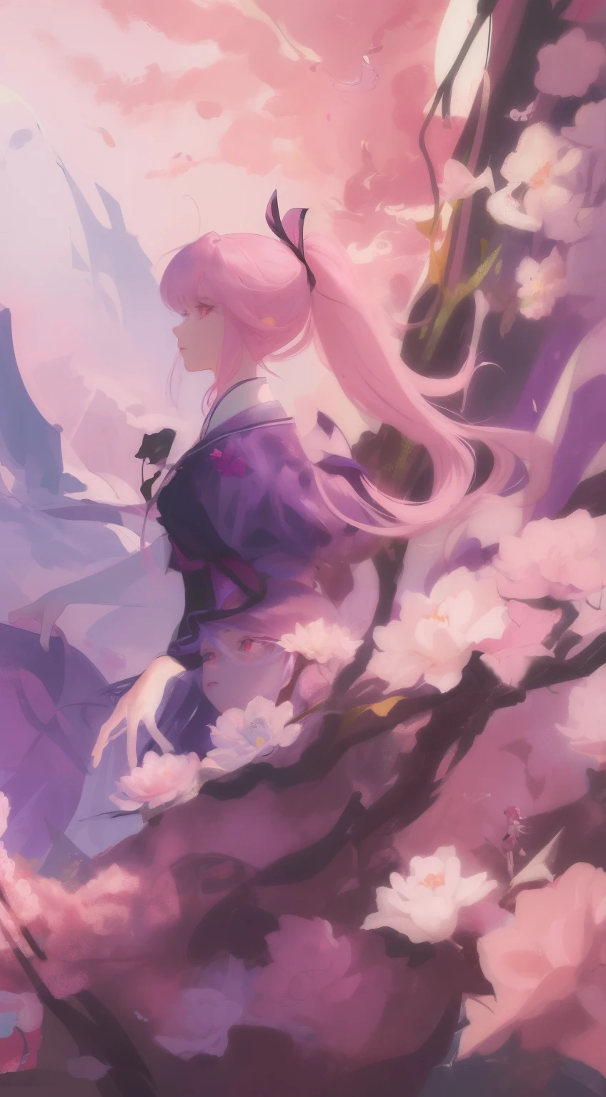 ((masterpiece, best quality)), (negative space: 1.2), (1 girl, alone: 1.4), petal, pink eyes, dragon girl, long, purple hair, high ponytail, liquid hair, flowers, loong background