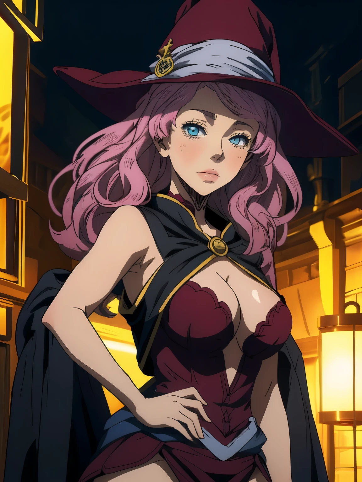 ((masterpiece)), (best quality), official art, extremely detailed CG unity 8k wallpaper, highly detailed, shiny skin, Depth of field, vivid color,, 1girl, (curvy:1.0), (full body:1.0), sexy , portrait sophie mudd, casual pose, gorgeous young model, cute young woman, a beautiful -aged girl, very pretty model, young , cute young girl, beautiful young girl, beautiful model, longer pink hair, light hair, shiny hair, young and cute girl, girl, Vanessa Enotica, Black Clover, Vanessa Enotica anime, anime, looking at me, wild pose, sexy pose, wearing witch cap