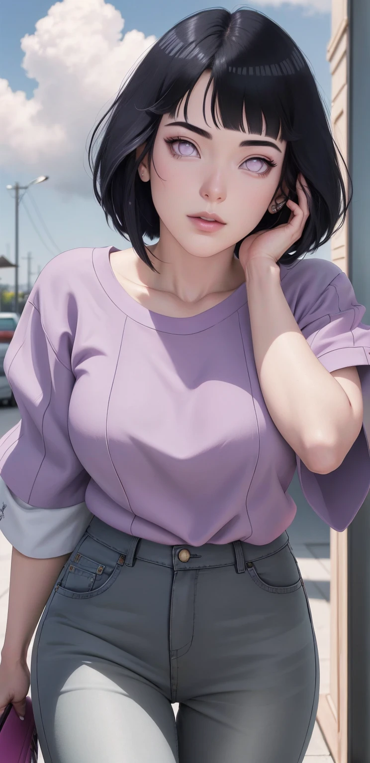 { - anatomy error}(Masterpiece - Ultra-detailed, very high resolution) , absurdos, Hinata\(Boruto\), 1girl, sozinho,Mature female, Capuz roxo,mangas em camadas, jeans, ao ar livre, Cloudy sky, perfect composition, circunstanciado lips, peito grande, beautiful face, body propotion, corar, (pink lips), cabelos pretos curto (black hair), lilac eyes, olhar suave, super realistic, circunstanciado, Photo Session, rosto e corpo realistas, Realistic hair, olhos realistas, nariz realista, realistic lips, anime, walking with lilac shoes.